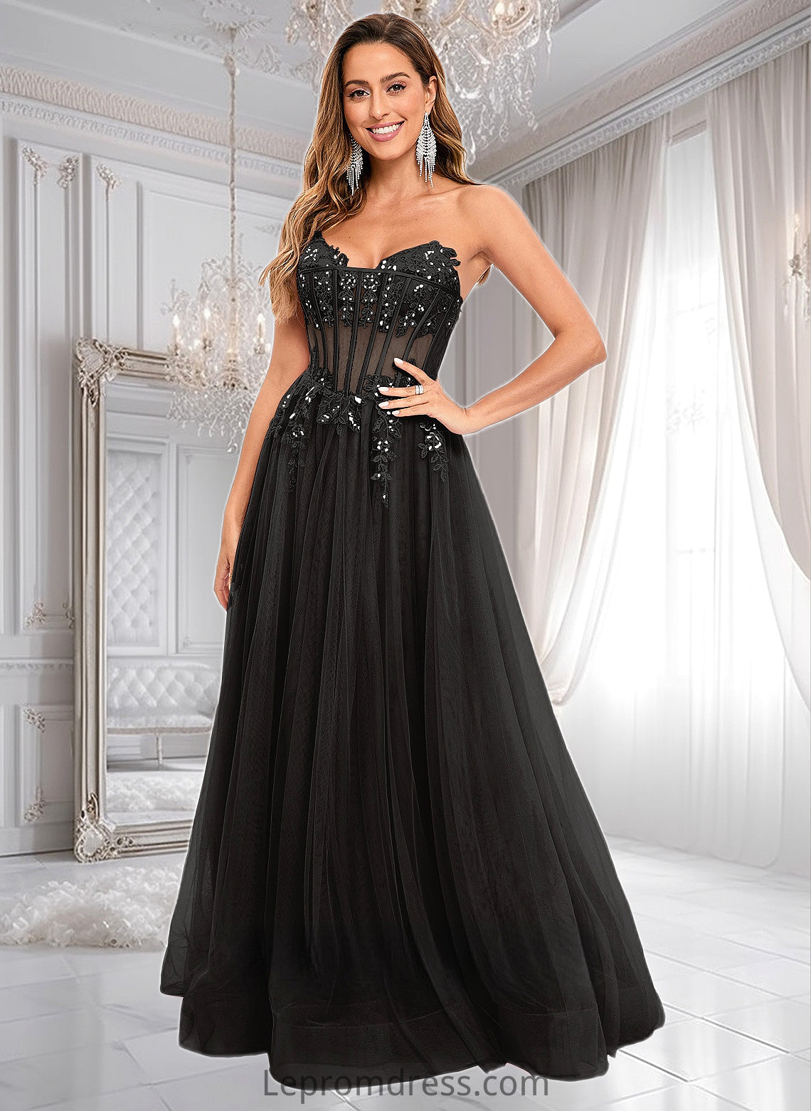 Delilah Ball-Gown/Princess V-Neck Floor-Length Tulle Prom Dresses With Sequins Appliques Lace HAP0025837