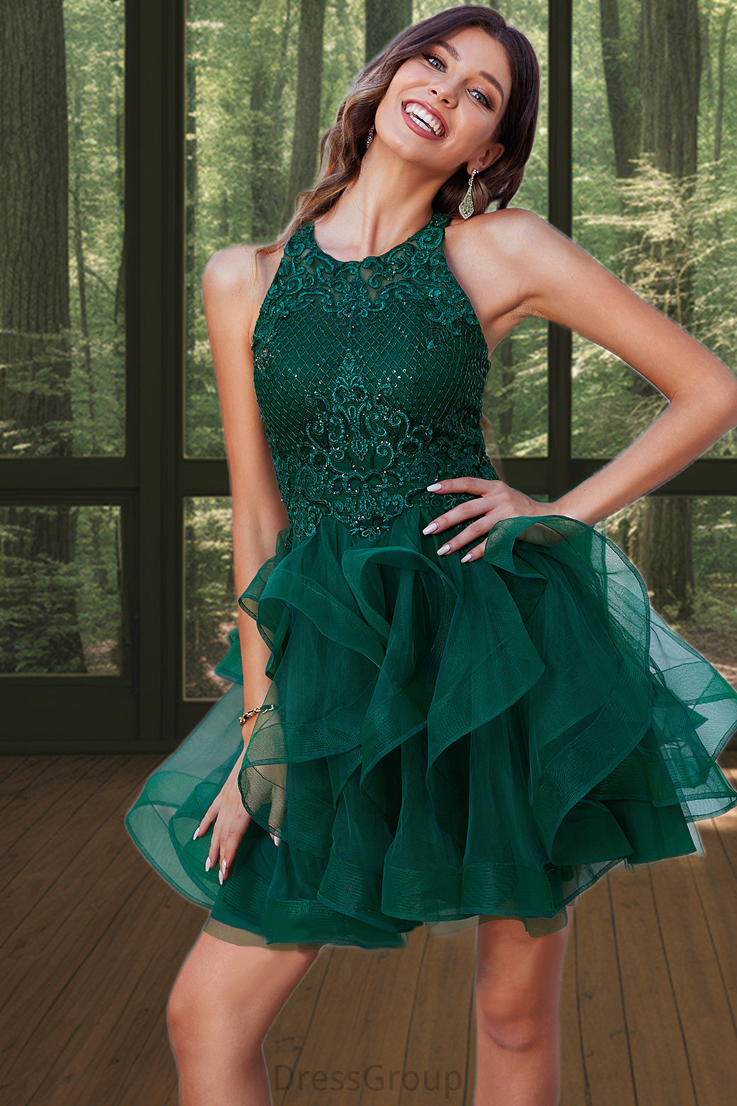 Destiney Ball-Gown/Princess Scoop Short/Mini Lace Tulle Homecoming Dress With Sequins HAP0020537