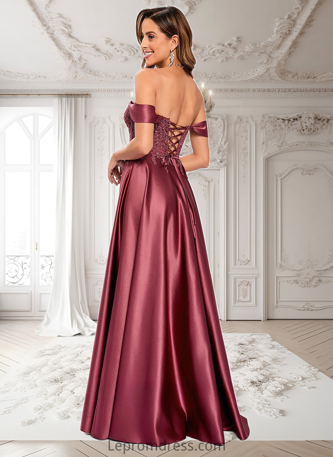 Magdalena A-line Off the Shoulder Floor-Length Satin Lace Prom Dresses With Sequins HAP0025841