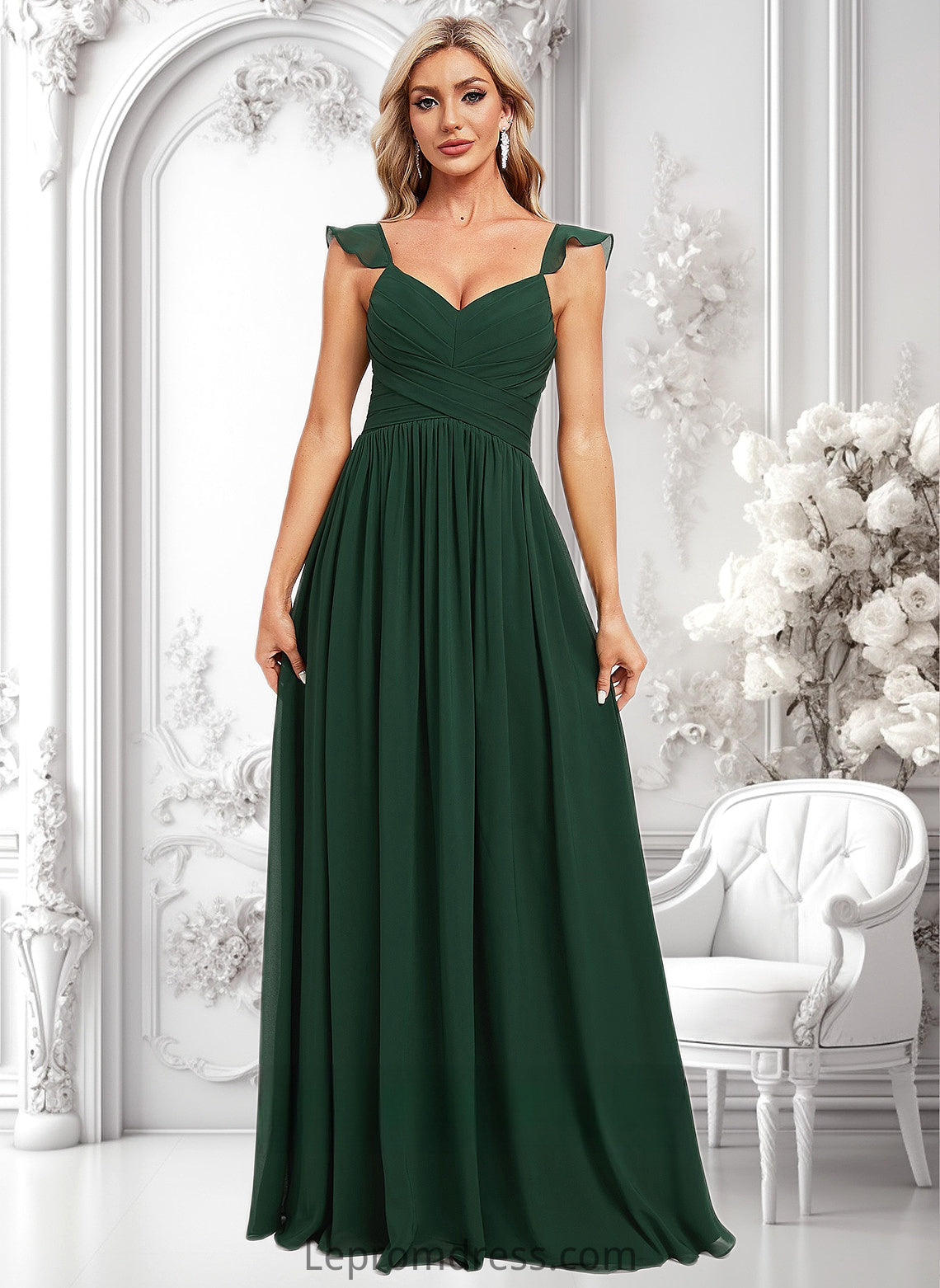 Tiara A-line V-Neck Floor-Length Chiffon Bridesmaid Dress With Ruffle HAP0025811