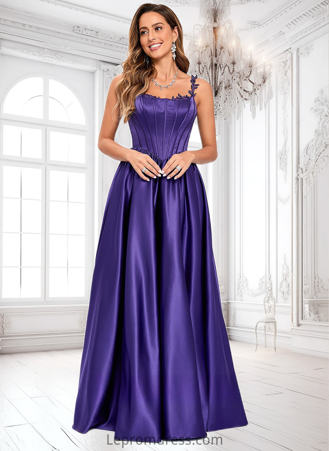 Yazmin Ball-Gown/Princess Scoop Floor-Length Satin Prom Dresses With Appliques Lace Beading HAP0025865