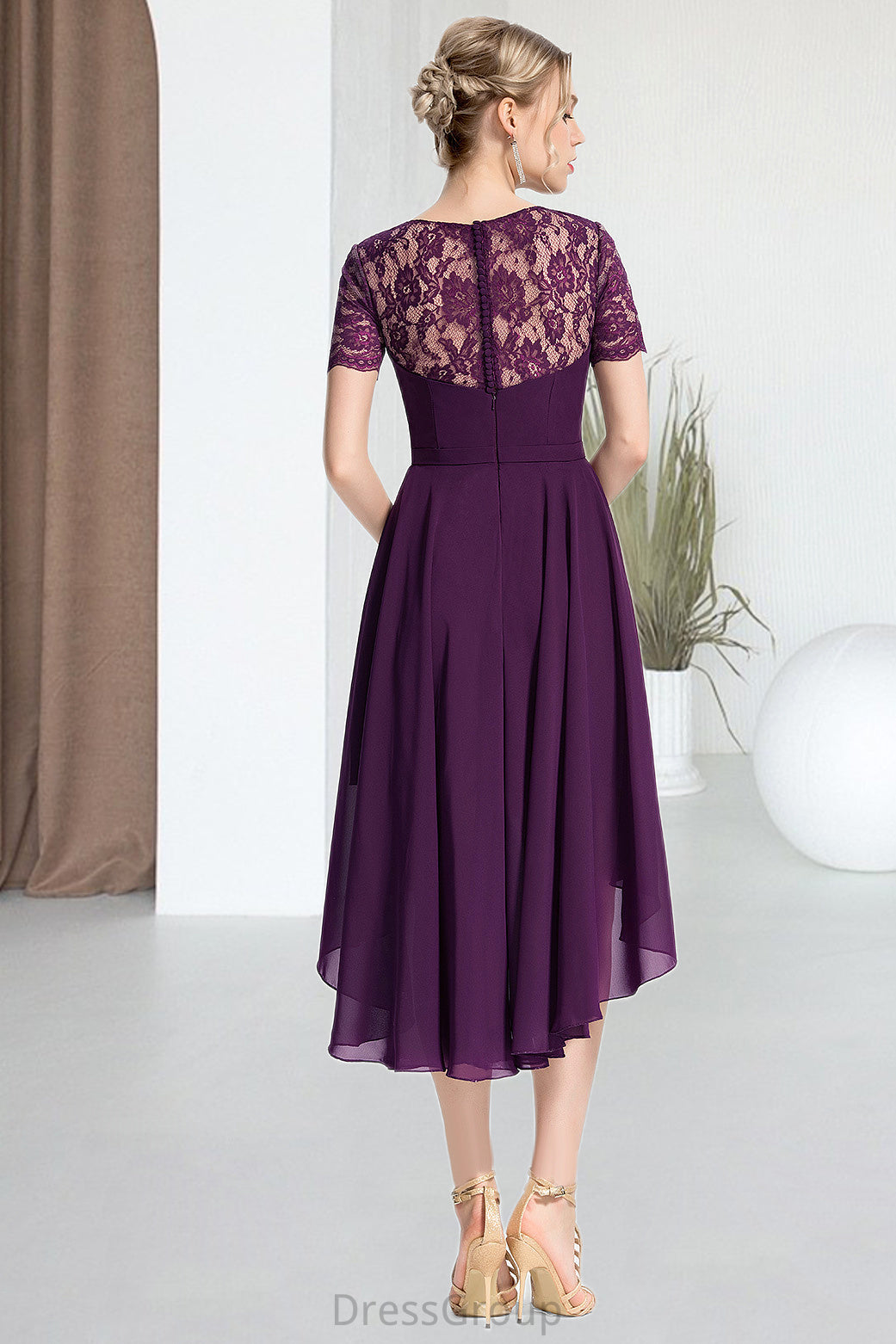 Gabrielle A-line Scoop Asymmetrical Chiffon Lace Homecoming Dress HAP0020587