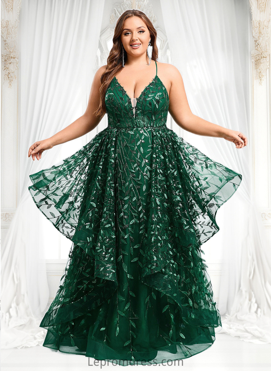 Diamond Ball-Gown/Princess V-Neck Floor-Length Lace Floral Prom Dresses With Sequins HAP0025838