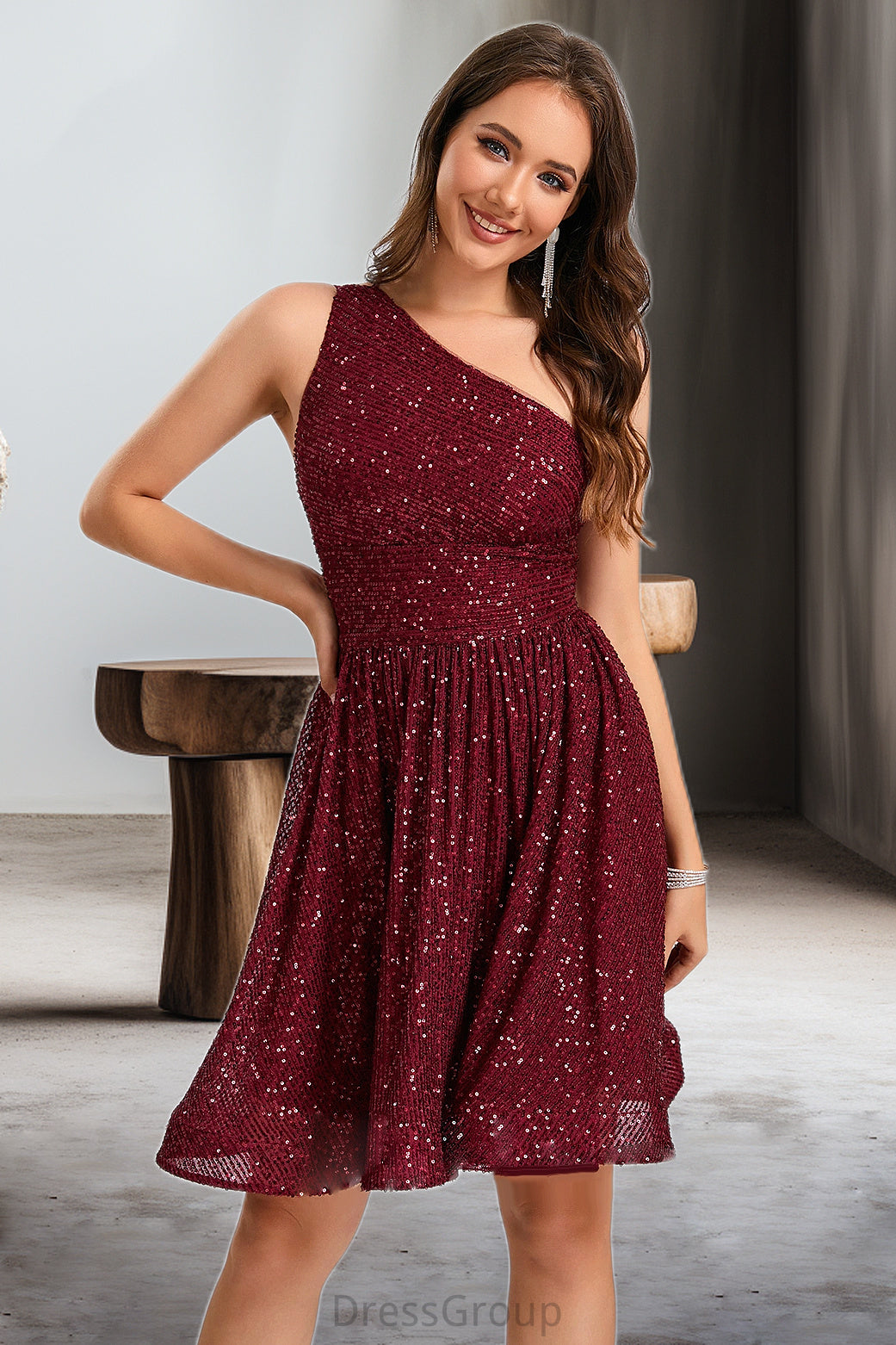 Jade A-line One Shoulder Short/Mini Sequin Homecoming Dress With Sequins HAP0020485