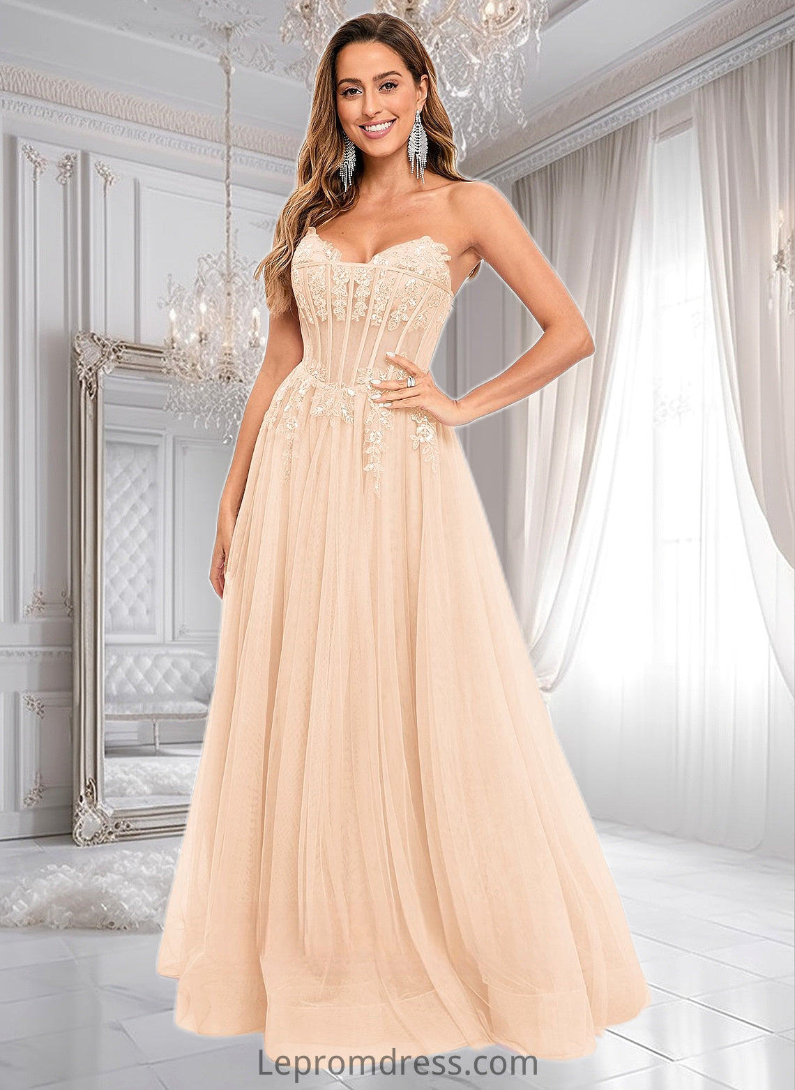 Delilah Ball-Gown/Princess V-Neck Floor-Length Tulle Prom Dresses With Sequins Appliques Lace HAP0025837