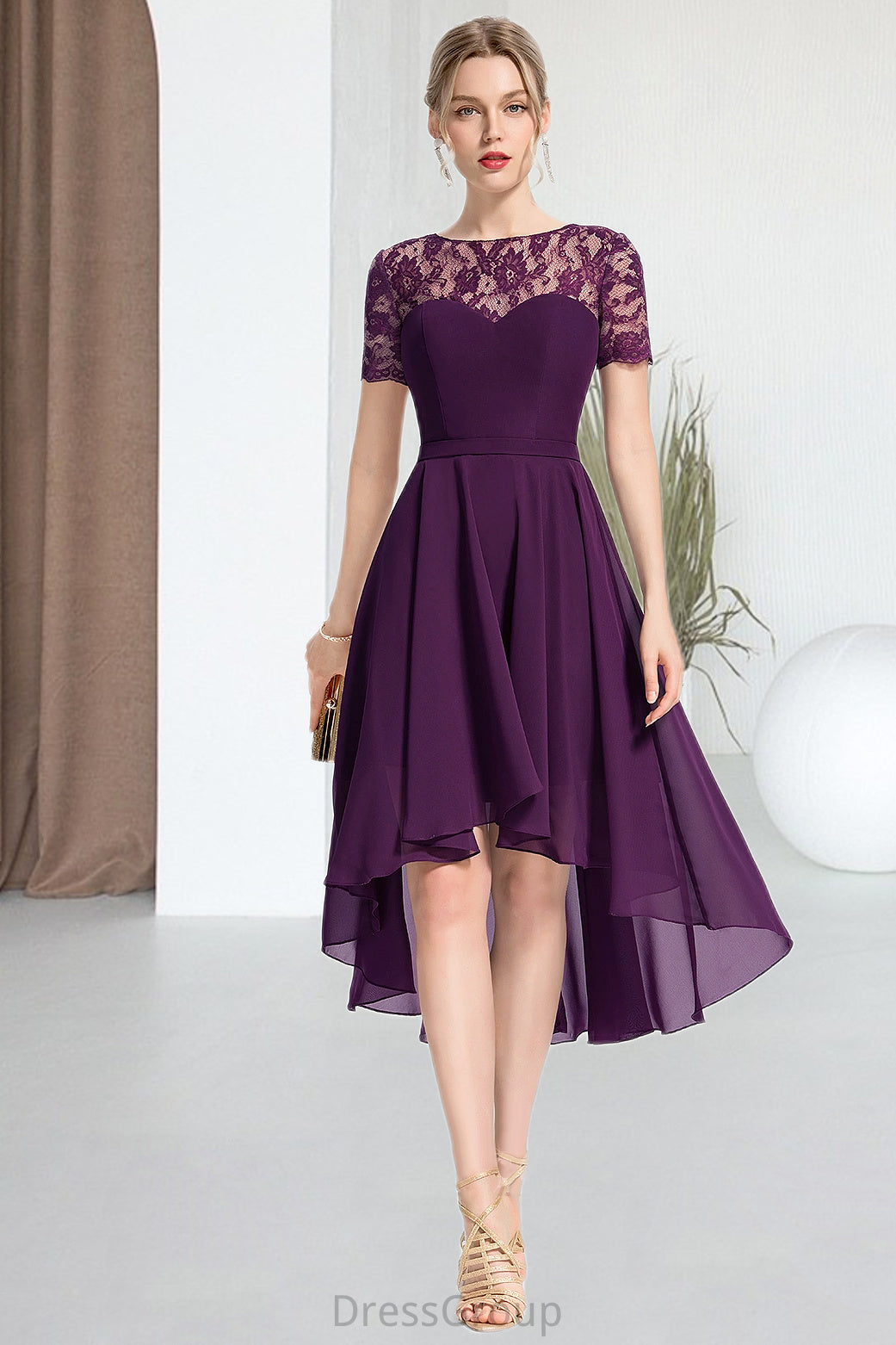 Gabrielle A-line Scoop Asymmetrical Chiffon Lace Homecoming Dress HAP0020587