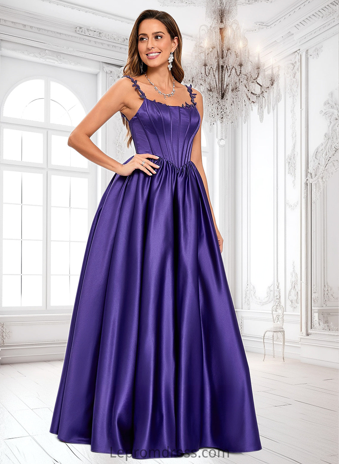 Yazmin Ball-Gown/Princess Scoop Floor-Length Satin Prom Dresses With Appliques Lace Beading HAP0025865