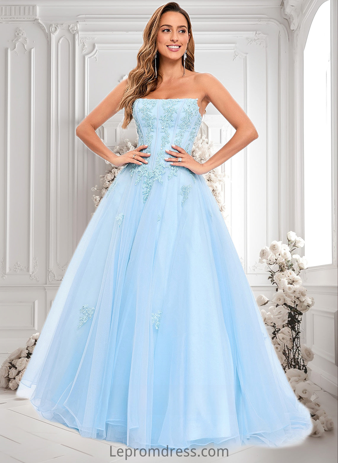 Destiney Ball-Gown/Princess Straight Sweep Train Tulle Prom Dresses With Sequins Appliques Lace HAP0025864