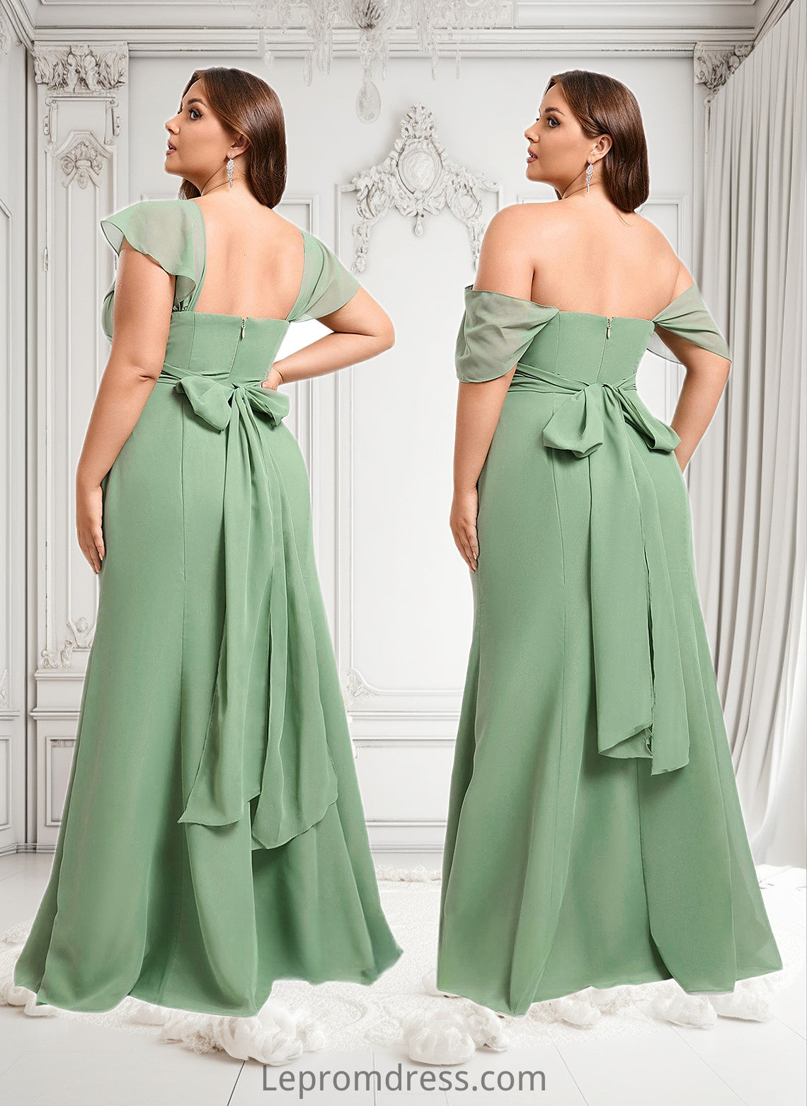 Andrea Trumpet/Mermaid Off the Shoulder V-Neck Floor-Length Chiffon Bridesmaid Dress HAP0025810