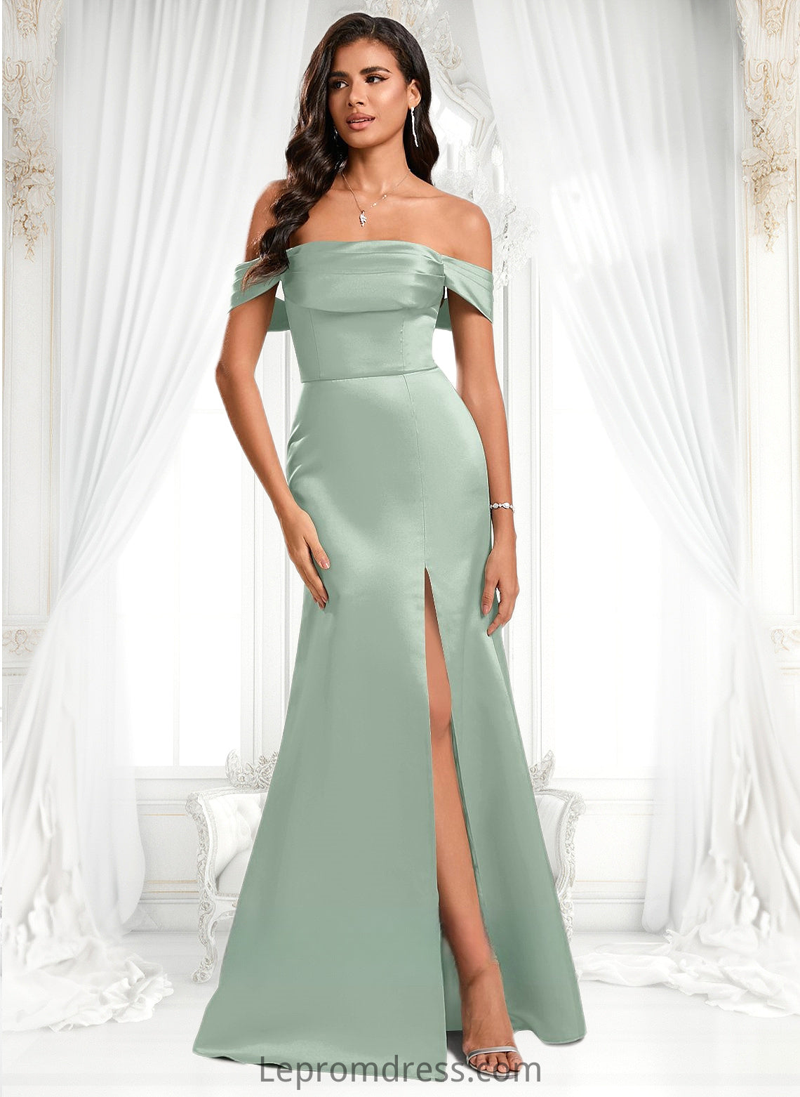 Marilyn Trumpet/Mermaid Off the Shoulder Square Floor-Length Satin Prom Dresses With Ruffle HAP0025883