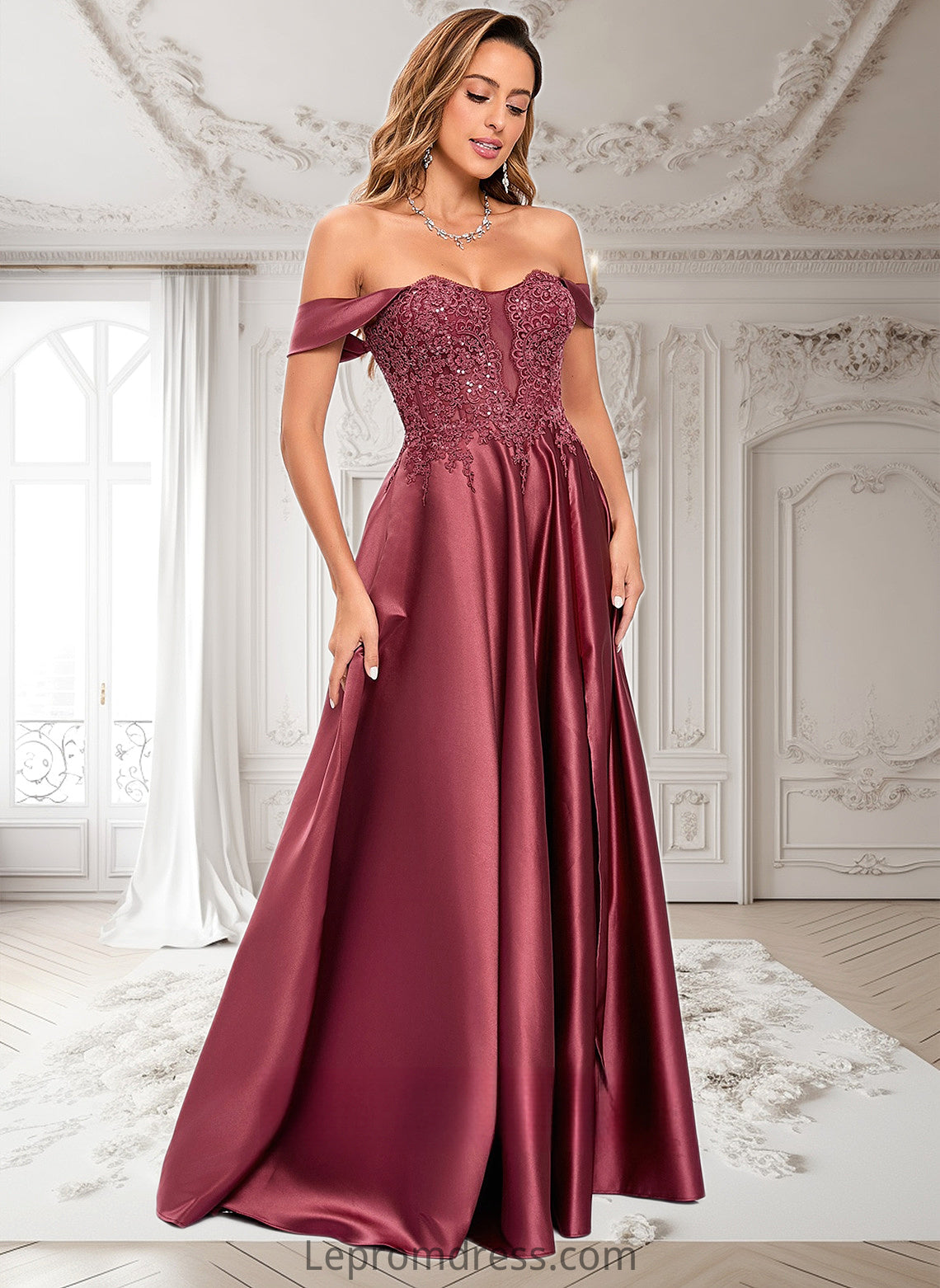 Magdalena A-line Off the Shoulder Floor-Length Satin Lace Prom Dresses With Sequins HAP0025841