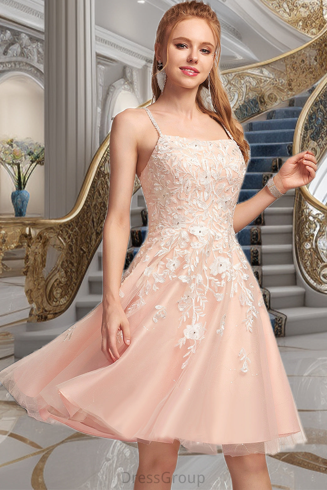 Alannah A-line Square Knee-Length Tulle Homecoming Dress With Beading HAP0020543