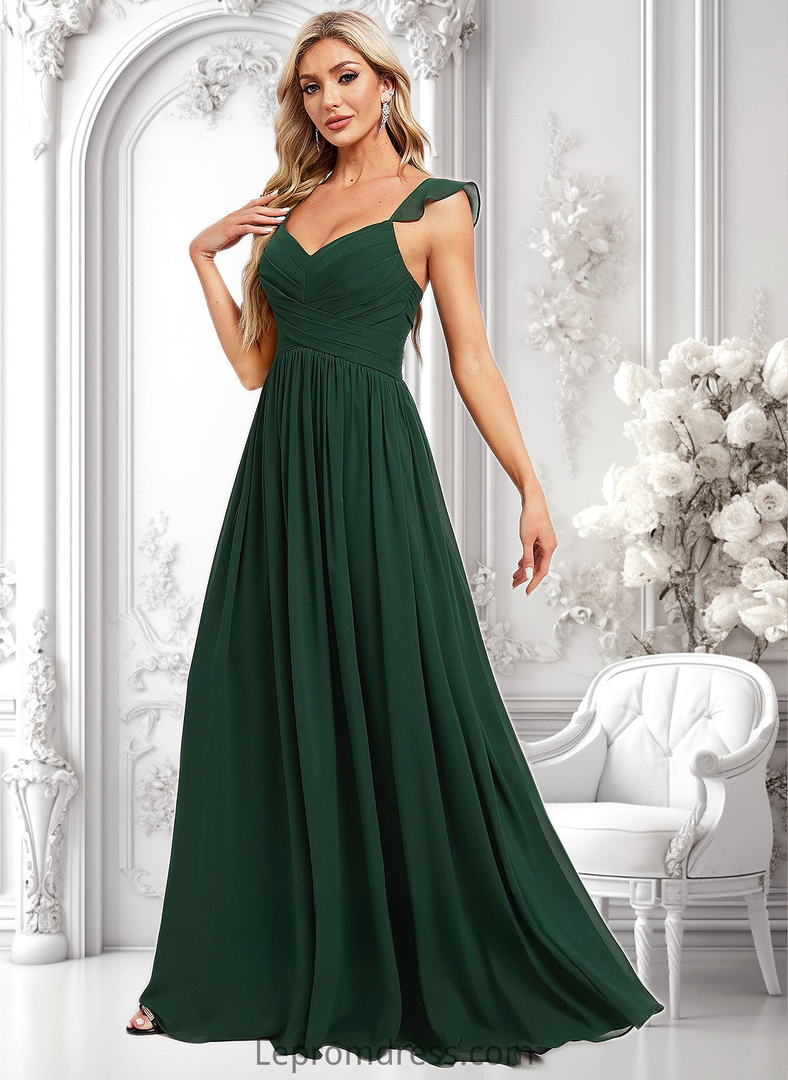 Tiara A-line V-Neck Floor-Length Chiffon Bridesmaid Dress With Ruffle HAP0025811