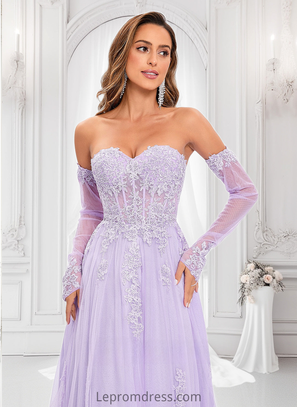 Marin A-line Sweetheart Sweep Train Tulle Prom Dresses With Sequins Appliques Lace HAP0025856