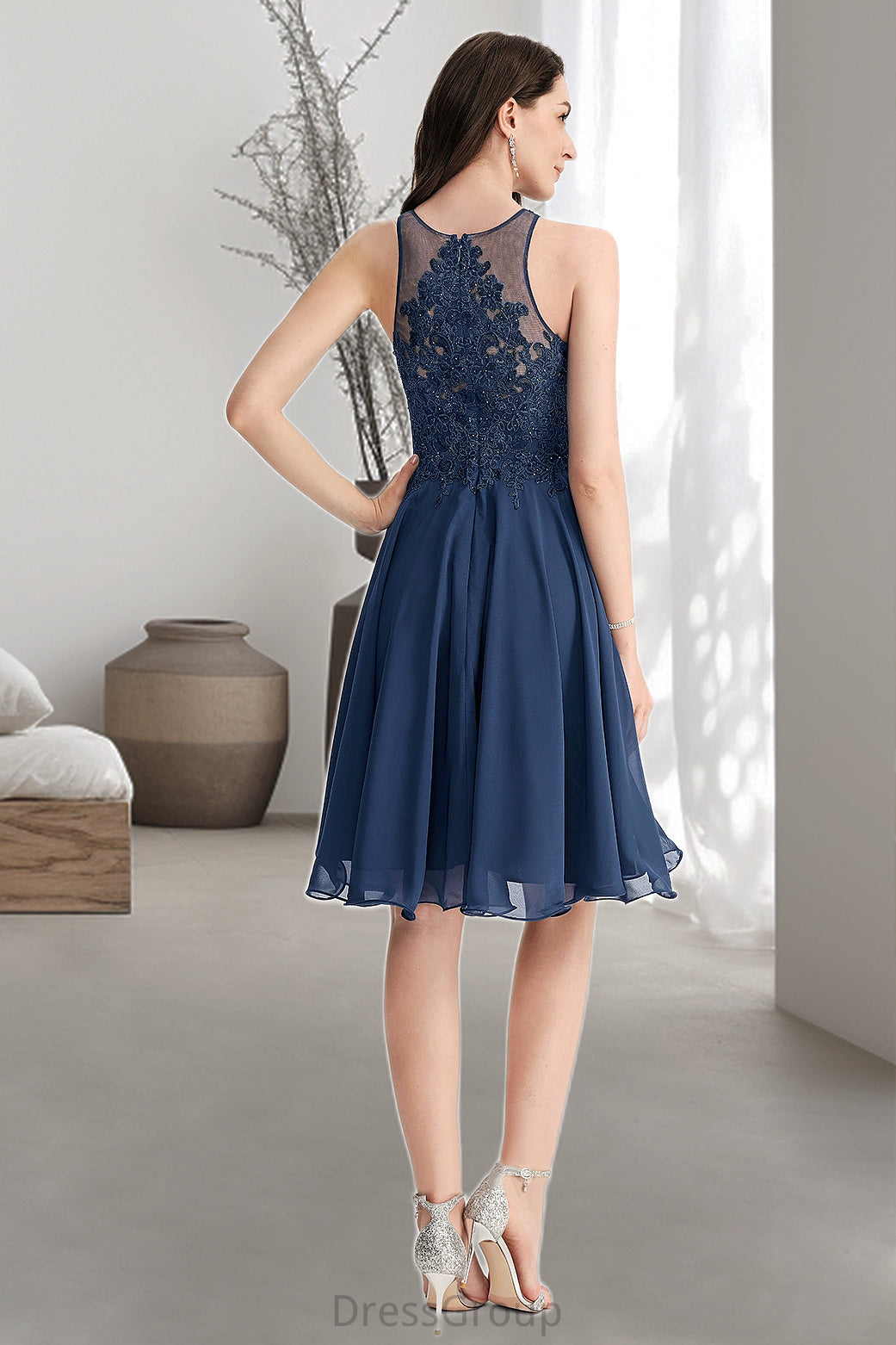 Amelia A-line Scoop Knee-Length Chiffon Lace Homecoming Dress With Beading HAP0020515