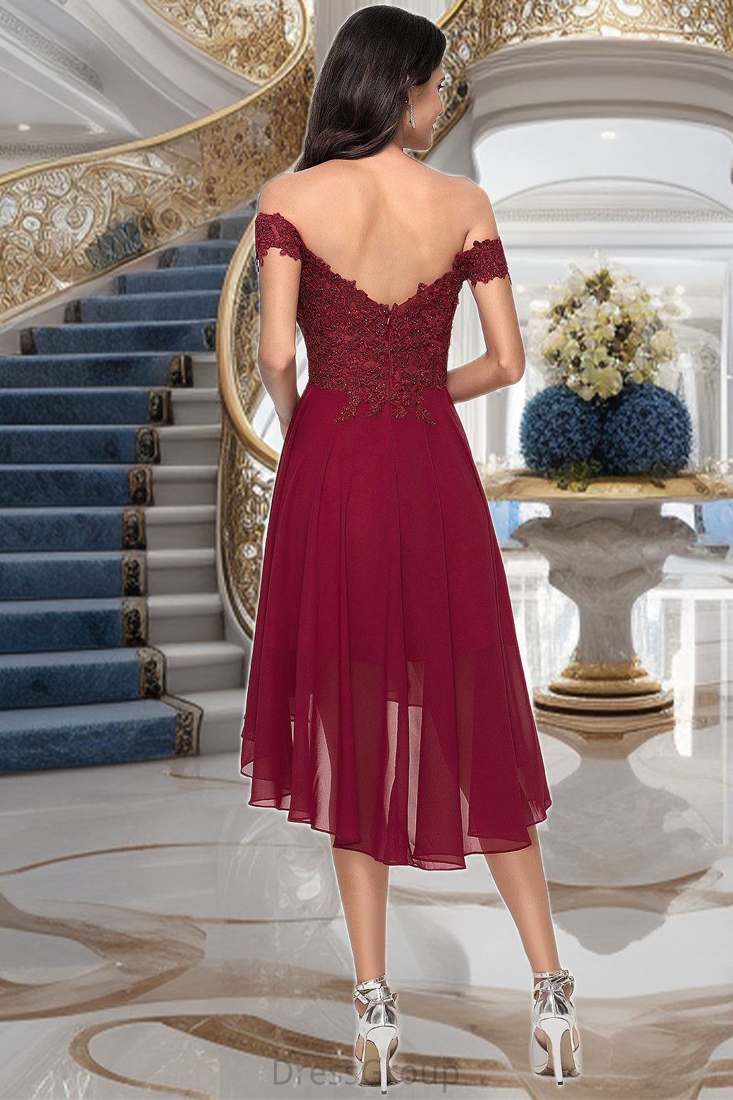 Edith A-line Off the Shoulder Asymmetrical Chiffon Homecoming Dress With Beading HAP0020582