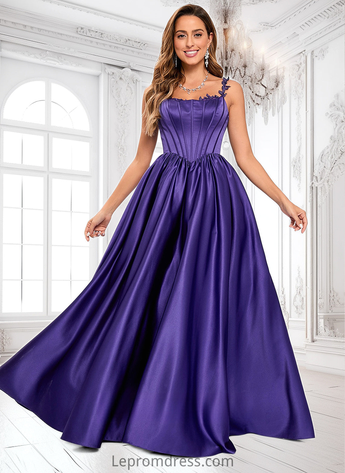 Yazmin Ball-Gown/Princess Scoop Floor-Length Satin Prom Dresses With Appliques Lace Beading HAP0025865