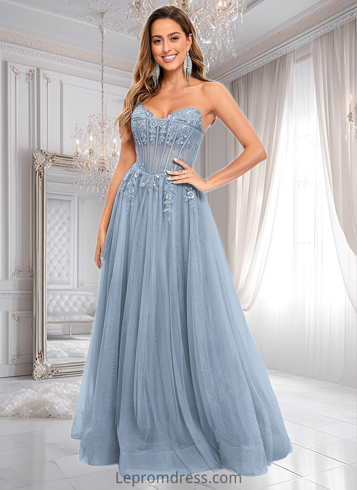 Delilah Ball-Gown/Princess V-Neck Floor-Length Tulle Prom Dresses With Sequins Appliques Lace HAP0025837