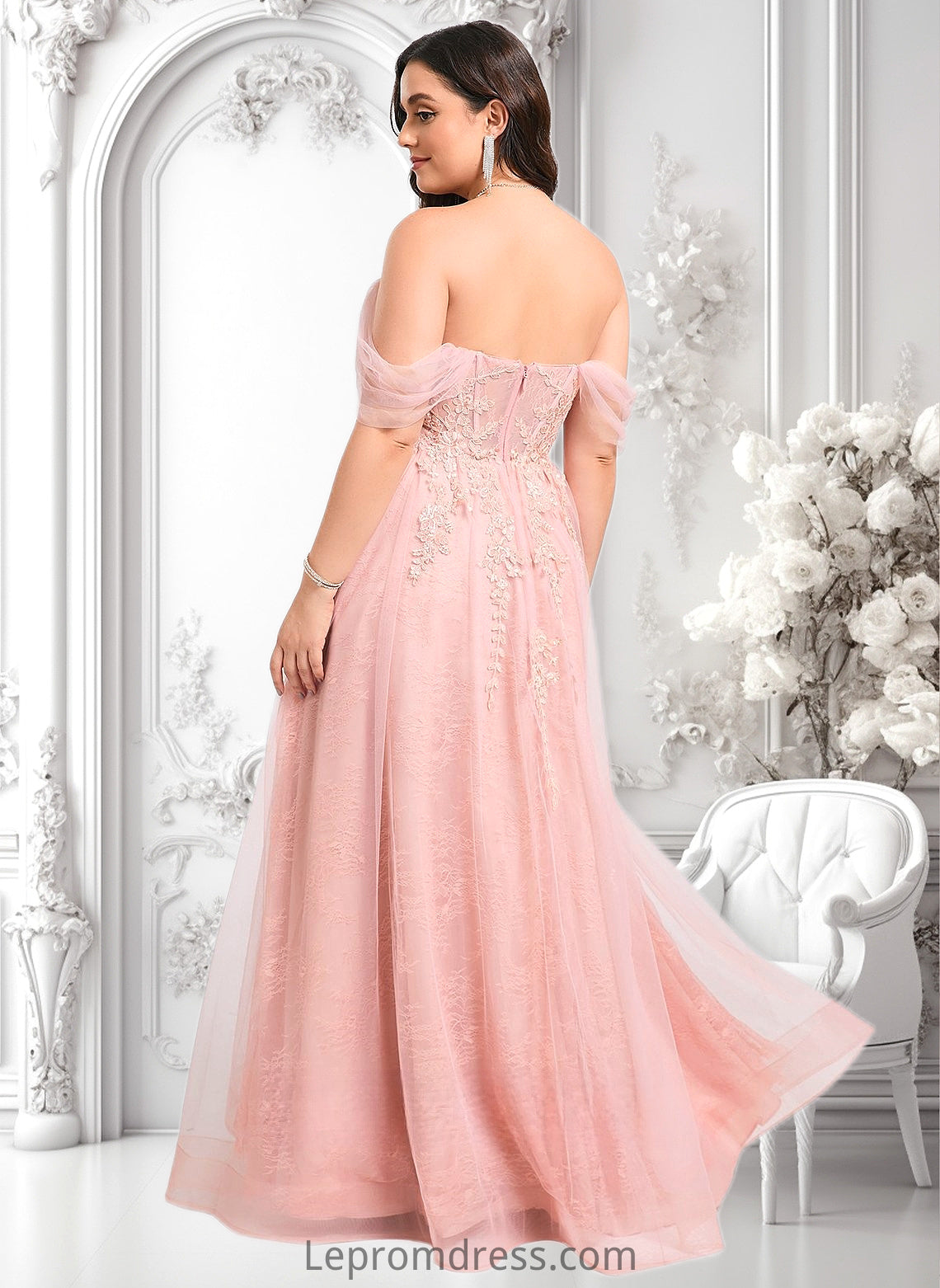 Mila A-line Sweetheart Off the Shoulder Floor-Length Tulle Floral Lace Prom Dresses With Appliques Lace HAP0025870