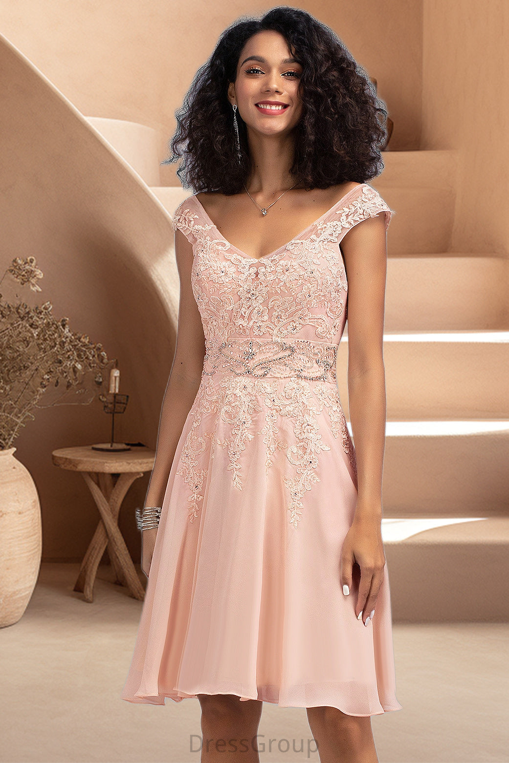 Cindy A-line V-Neck Knee-Length Chiffon Lace Homecoming Dress With Beading HAP0020565