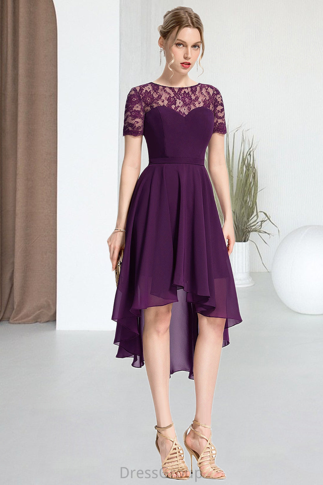 Gabrielle A-line Scoop Asymmetrical Chiffon Lace Homecoming Dress HAP0020587