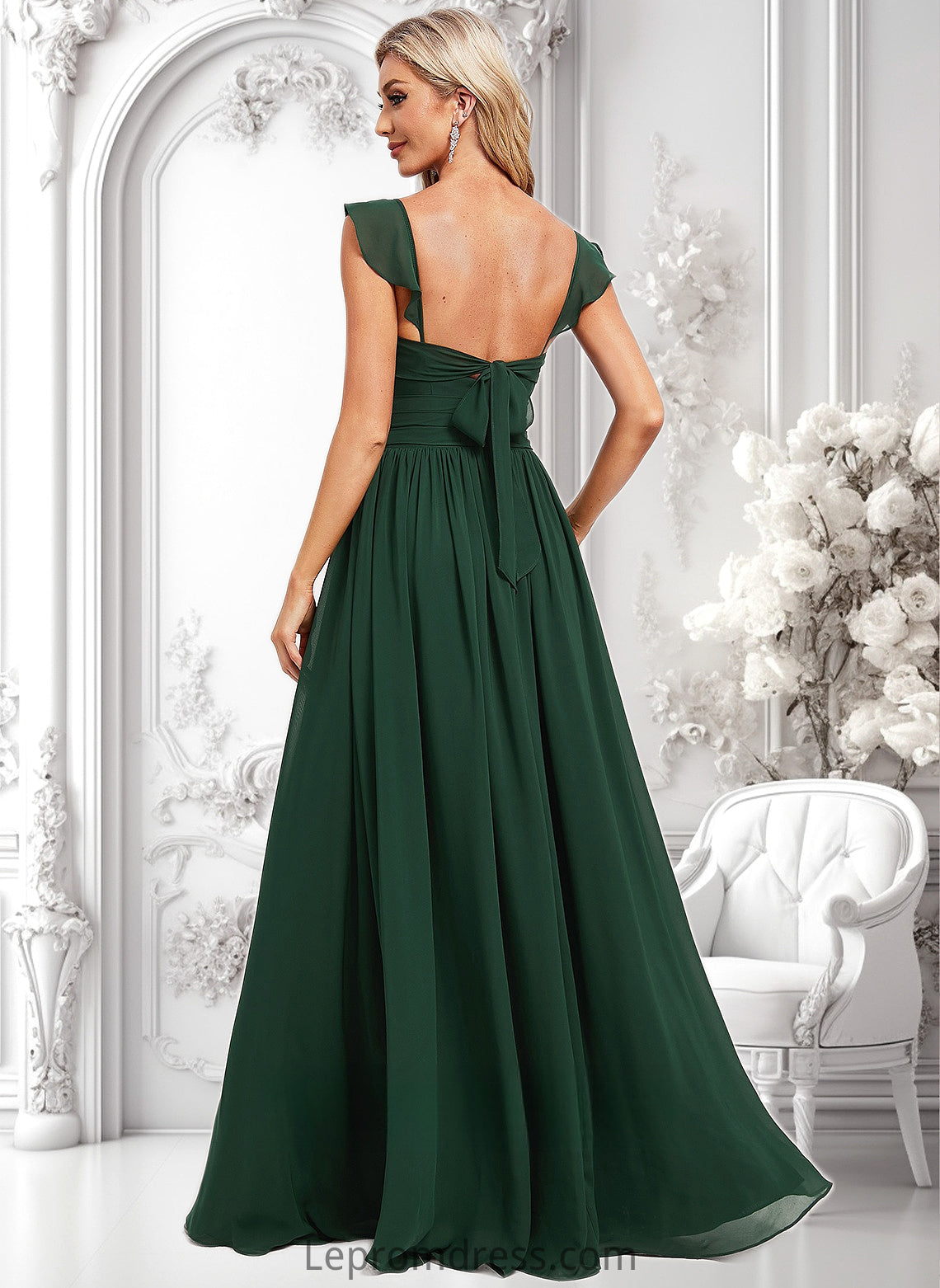 Tiara A-line V-Neck Floor-Length Chiffon Bridesmaid Dress With Ruffle HAP0025811