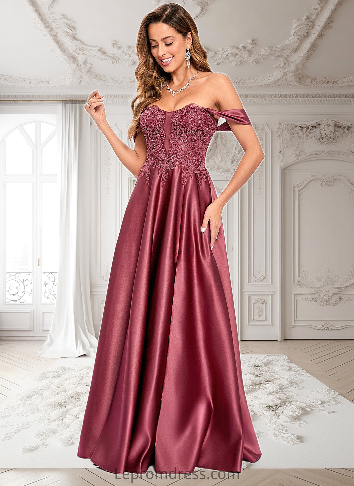 Magdalena A-line Off the Shoulder Floor-Length Satin Lace Prom Dresses With Sequins HAP0025841