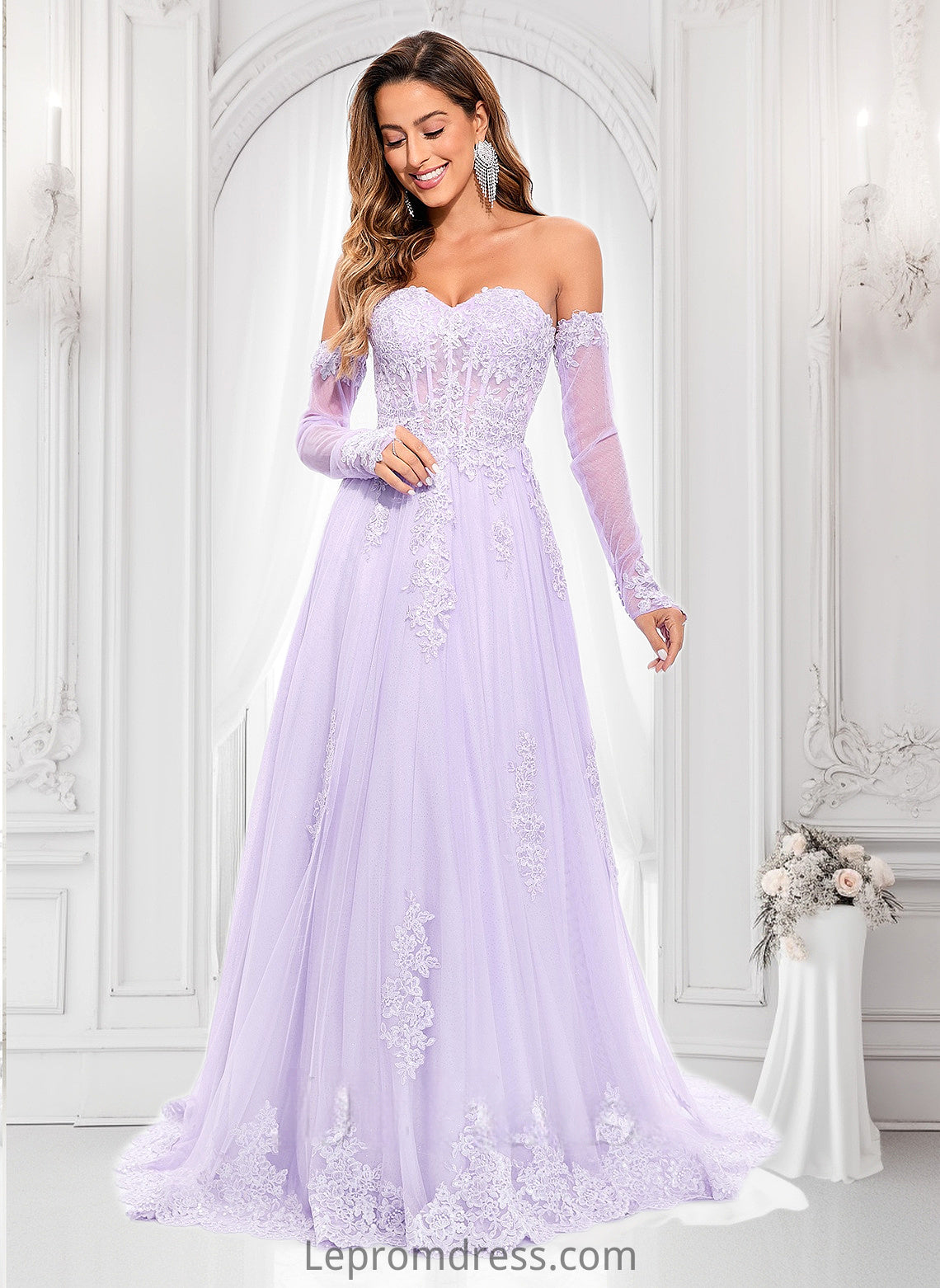 Marin A-line Sweetheart Sweep Train Tulle Prom Dresses With Sequins Appliques Lace HAP0025856