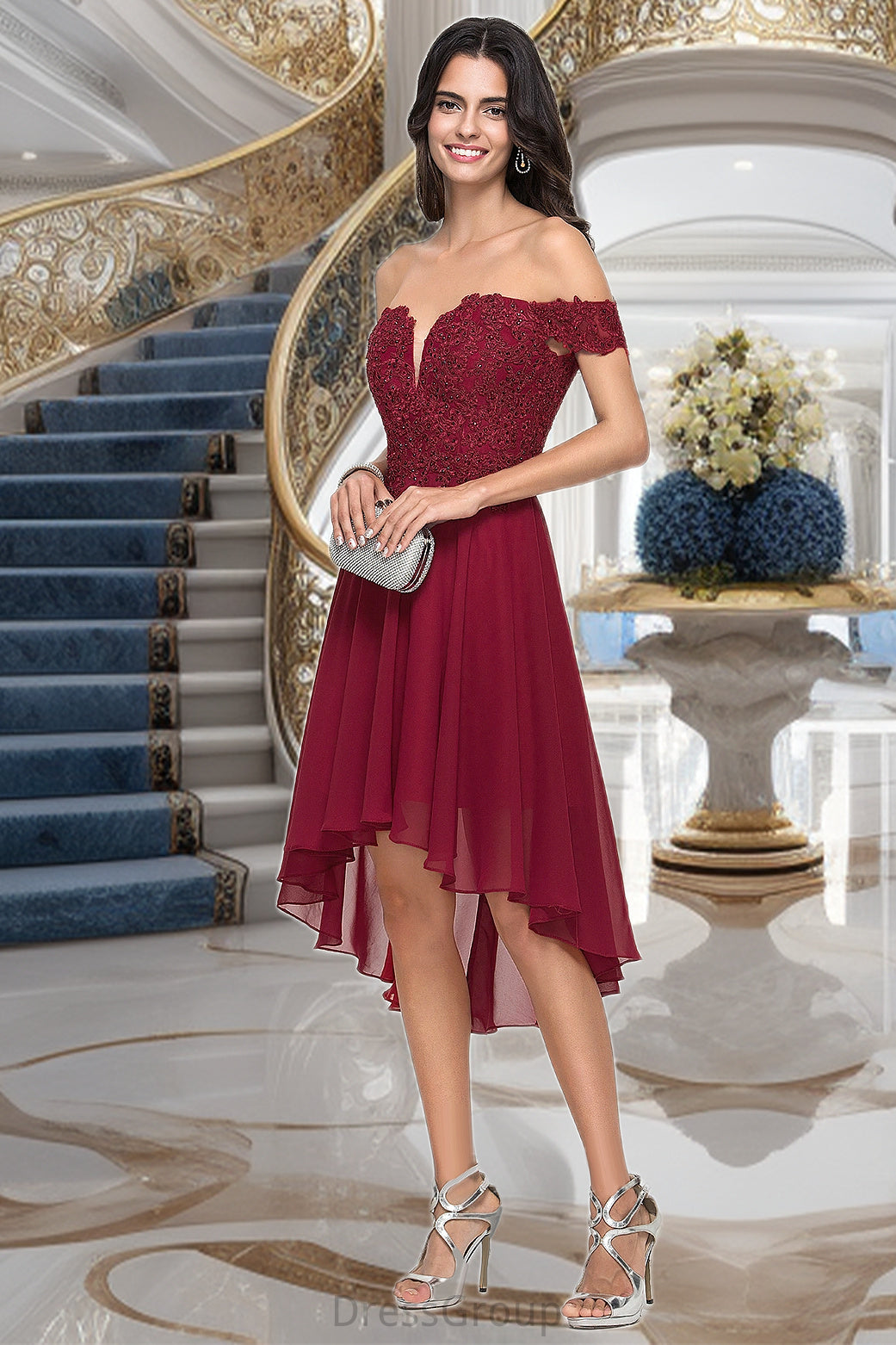 Edith A-line Off the Shoulder Asymmetrical Chiffon Homecoming Dress With Beading HAP0020582