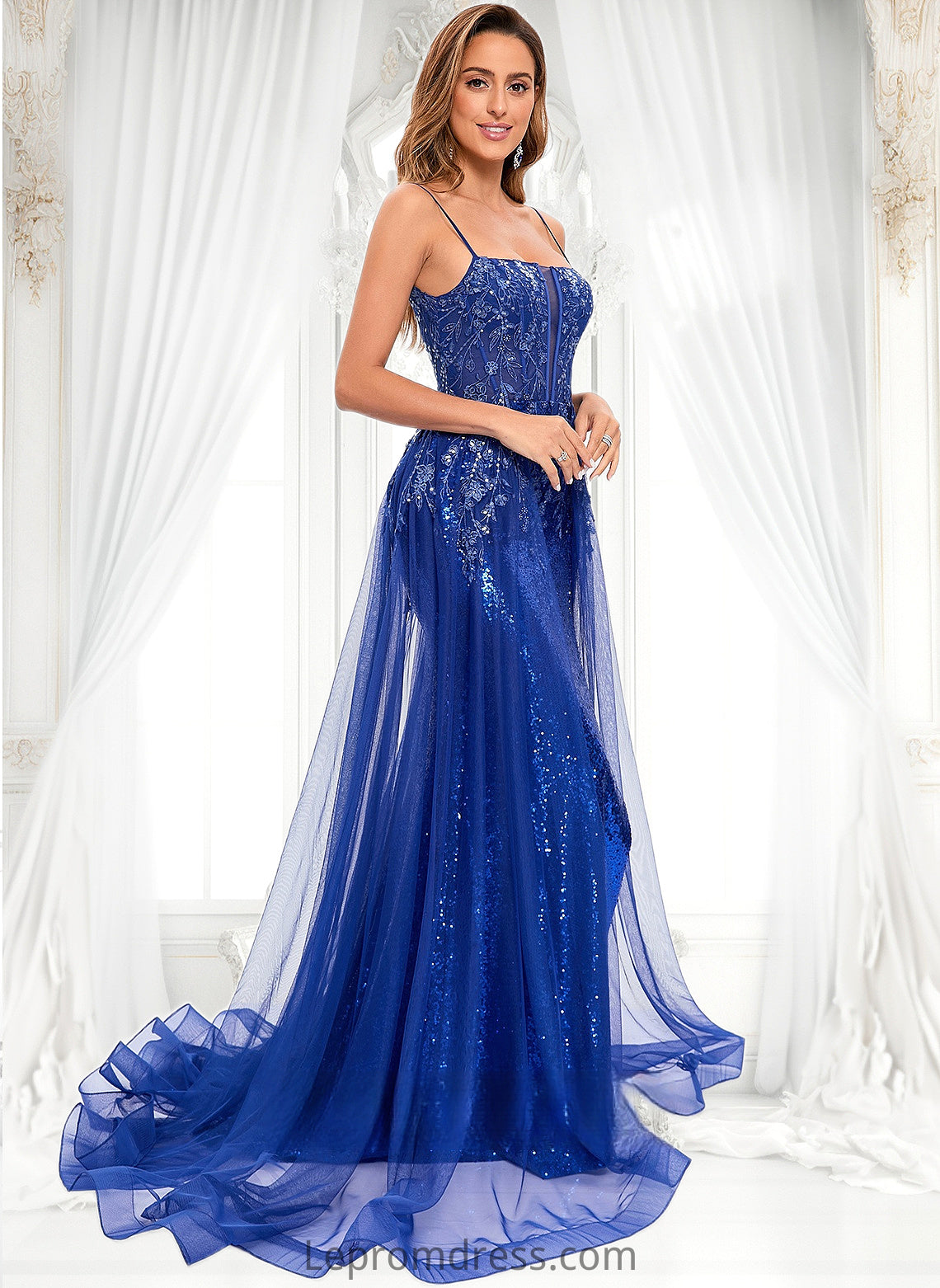 Katie Trumpet/Mermaid Straight Sweep Train Tulle Sequin Prom Dresses With Sequins Appliques Lace HAP0025857