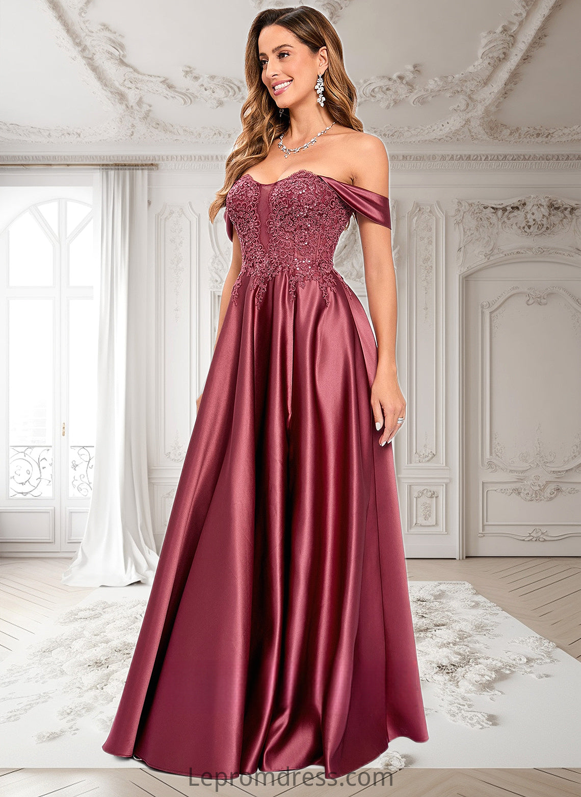 Magdalena A-line Off the Shoulder Floor-Length Satin Lace Prom Dresses With Sequins HAP0025841