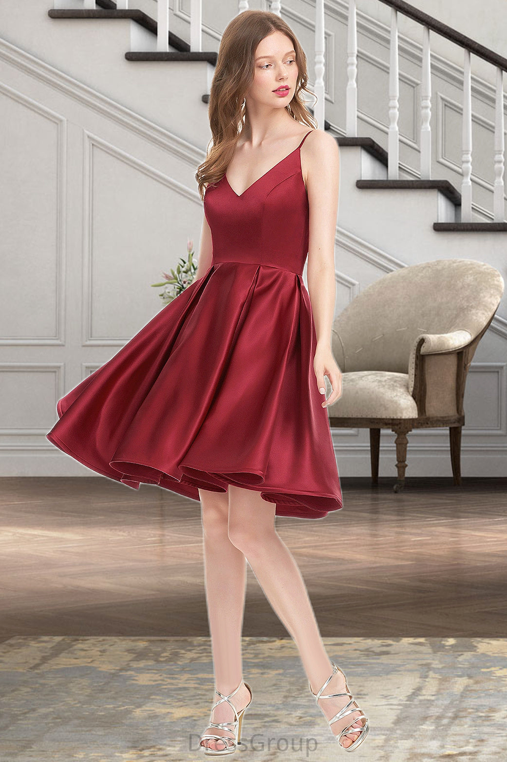 Naima A-line V-Neck Short/Mini Satin Homecoming Dress HAP0020542