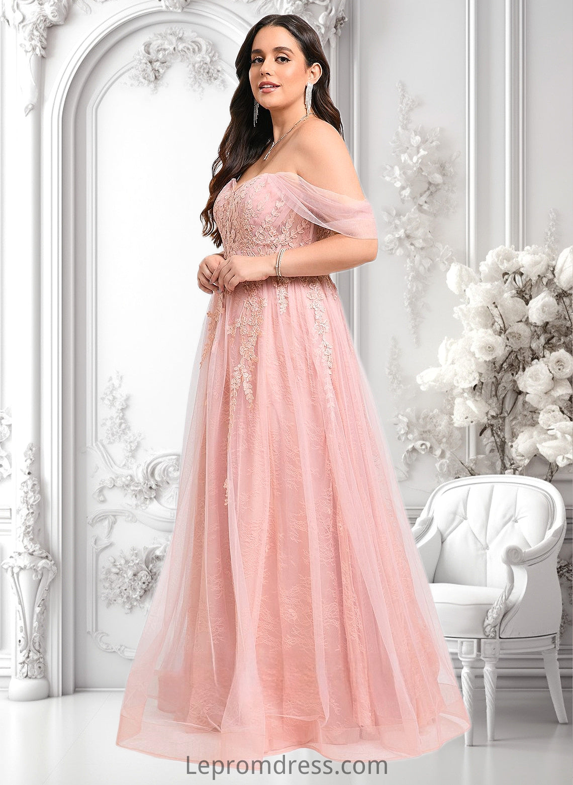 Mila A-line Sweetheart Off the Shoulder Floor-Length Tulle Floral Lace Prom Dresses With Appliques Lace HAP0025870