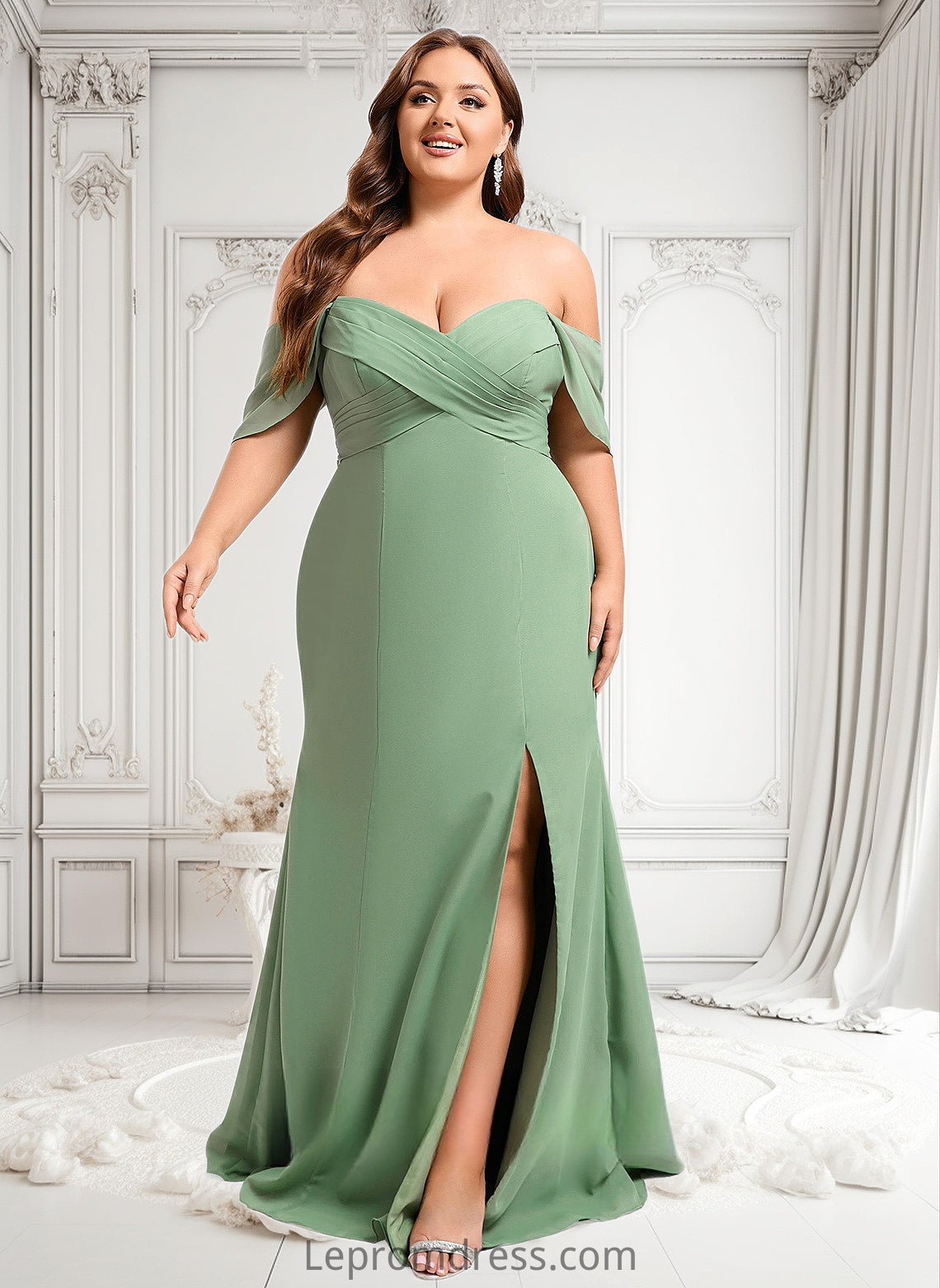 Andrea Trumpet/Mermaid Off the Shoulder V-Neck Floor-Length Chiffon Bridesmaid Dress HAP0025810