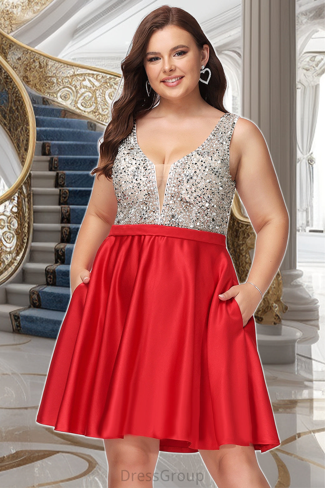 Kadence A-line V-Neck Short/Mini Satin Homecoming Dress With Beading Sequins HAP0020569