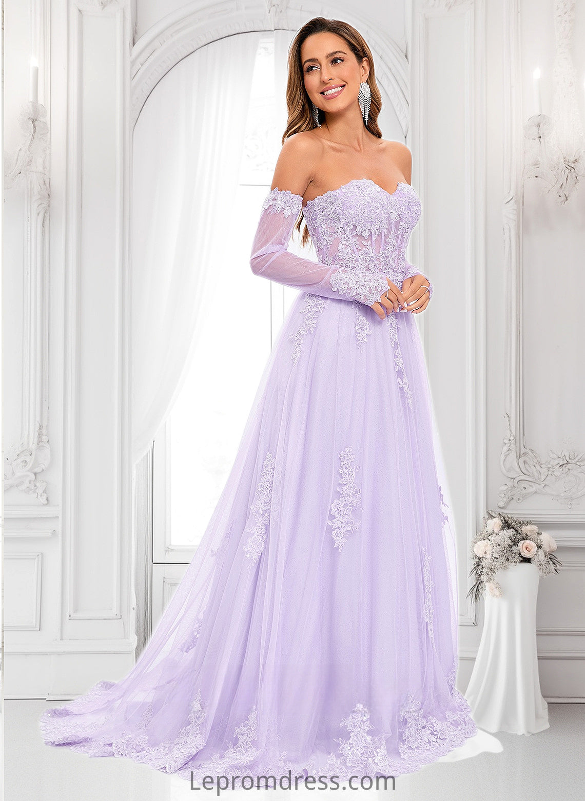 Marin A-line Sweetheart Sweep Train Tulle Prom Dresses With Sequins Appliques Lace HAP0025856