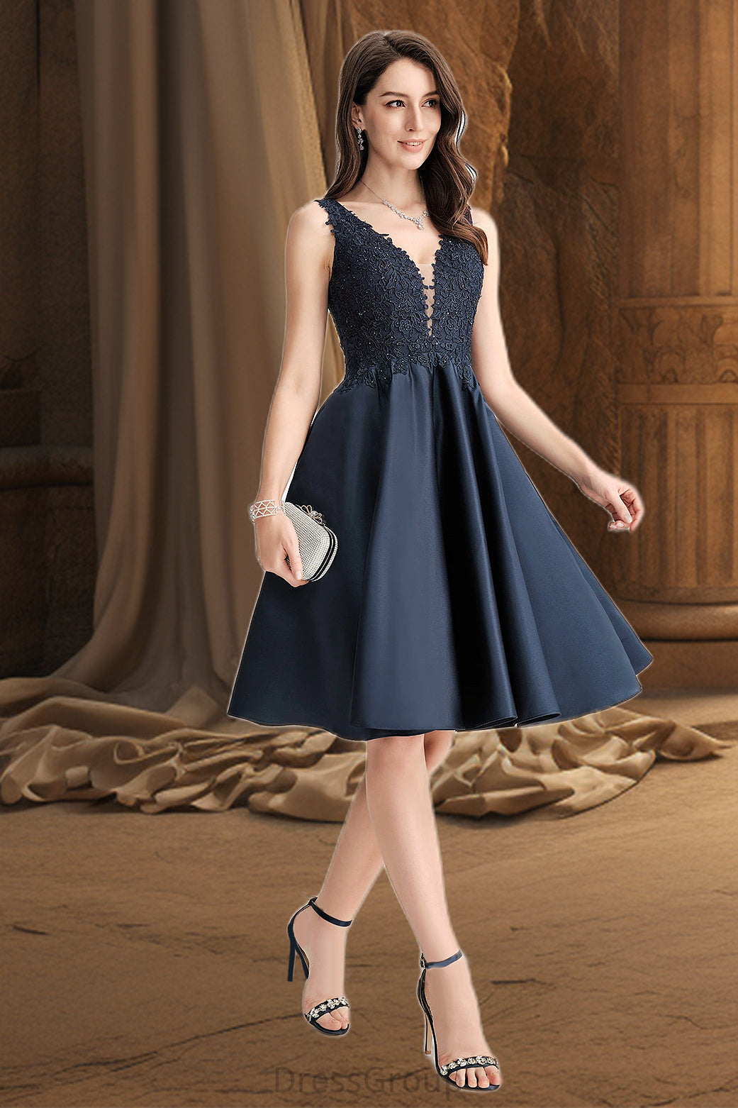 Valeria A-line V-Neck Knee-Length Lace Satin Homecoming Dress With Beading HAP0020517