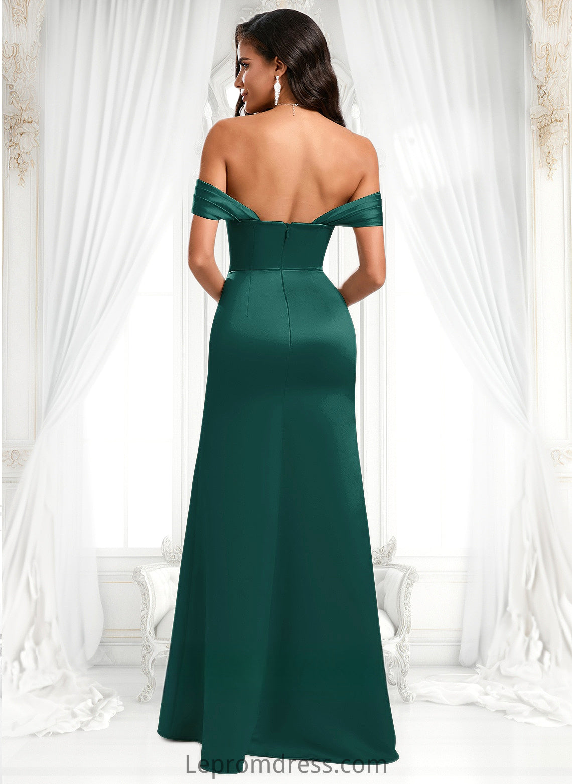 Marilyn Trumpet/Mermaid Off the Shoulder Square Floor-Length Satin Prom Dresses With Ruffle HAP0025883