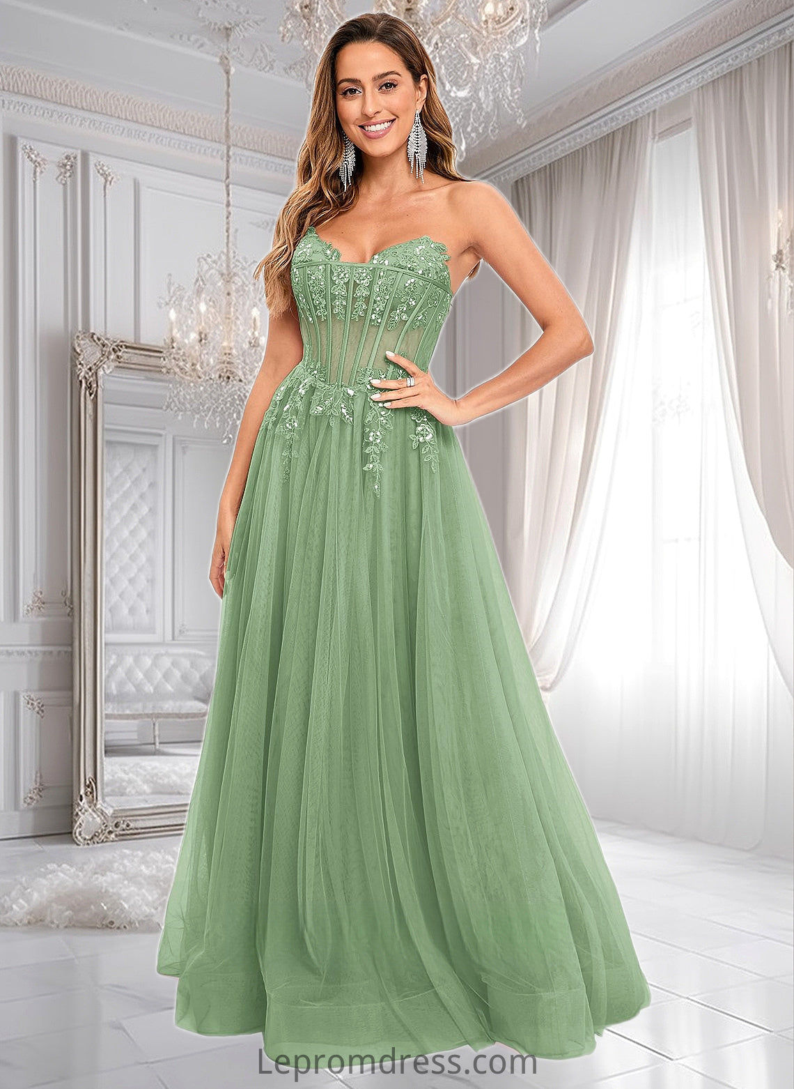 Delilah Ball-Gown/Princess V-Neck Floor-Length Tulle Prom Dresses With Sequins Appliques Lace HAP0025837