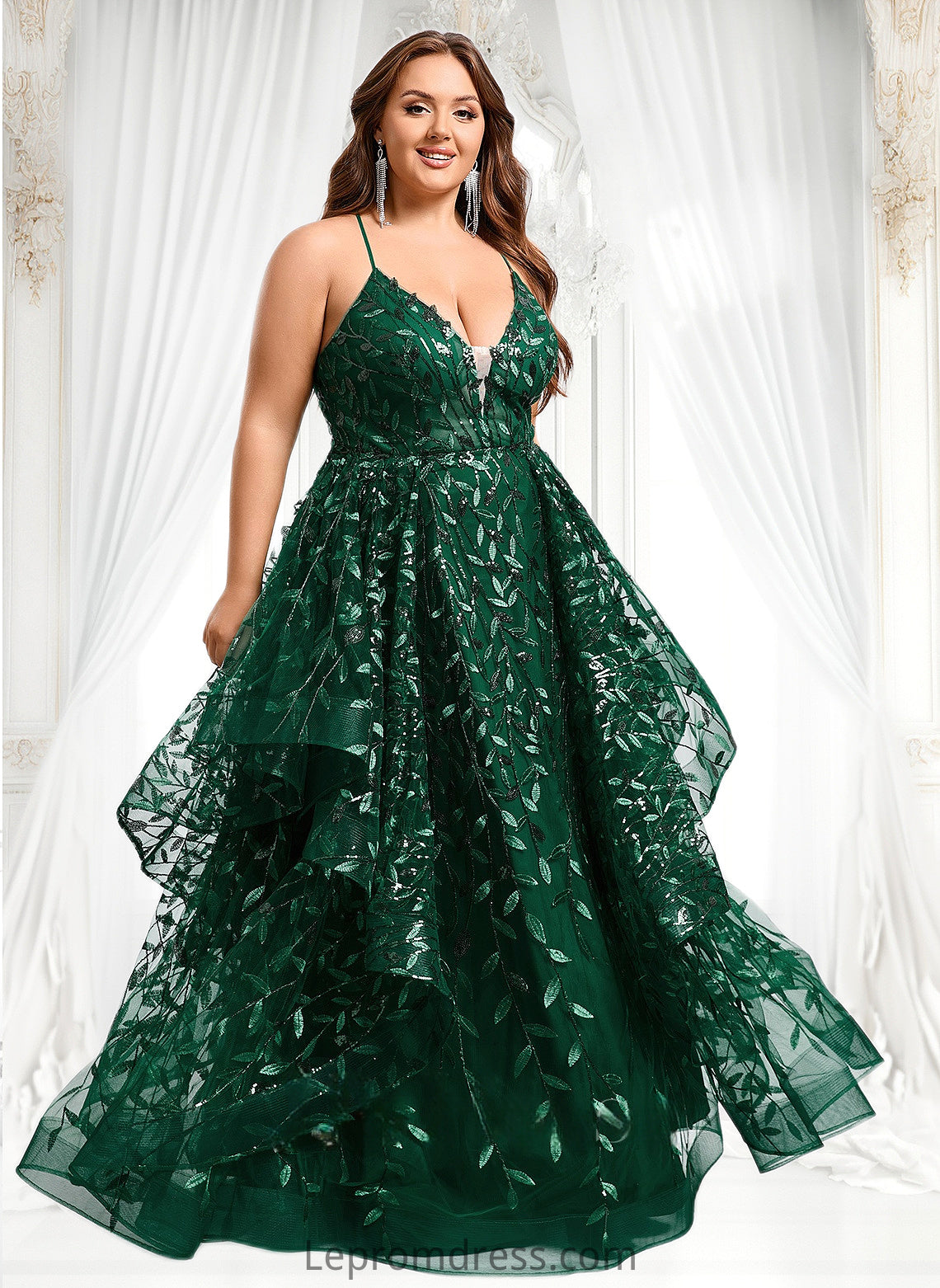 Diamond Ball-Gown/Princess V-Neck Floor-Length Lace Floral Prom Dresses With Sequins HAP0025838