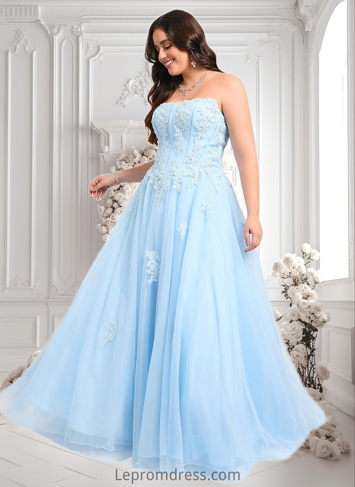 Destiney Ball-Gown/Princess Straight Sweep Train Tulle Prom Dresses With Sequins Appliques Lace HAP0025864