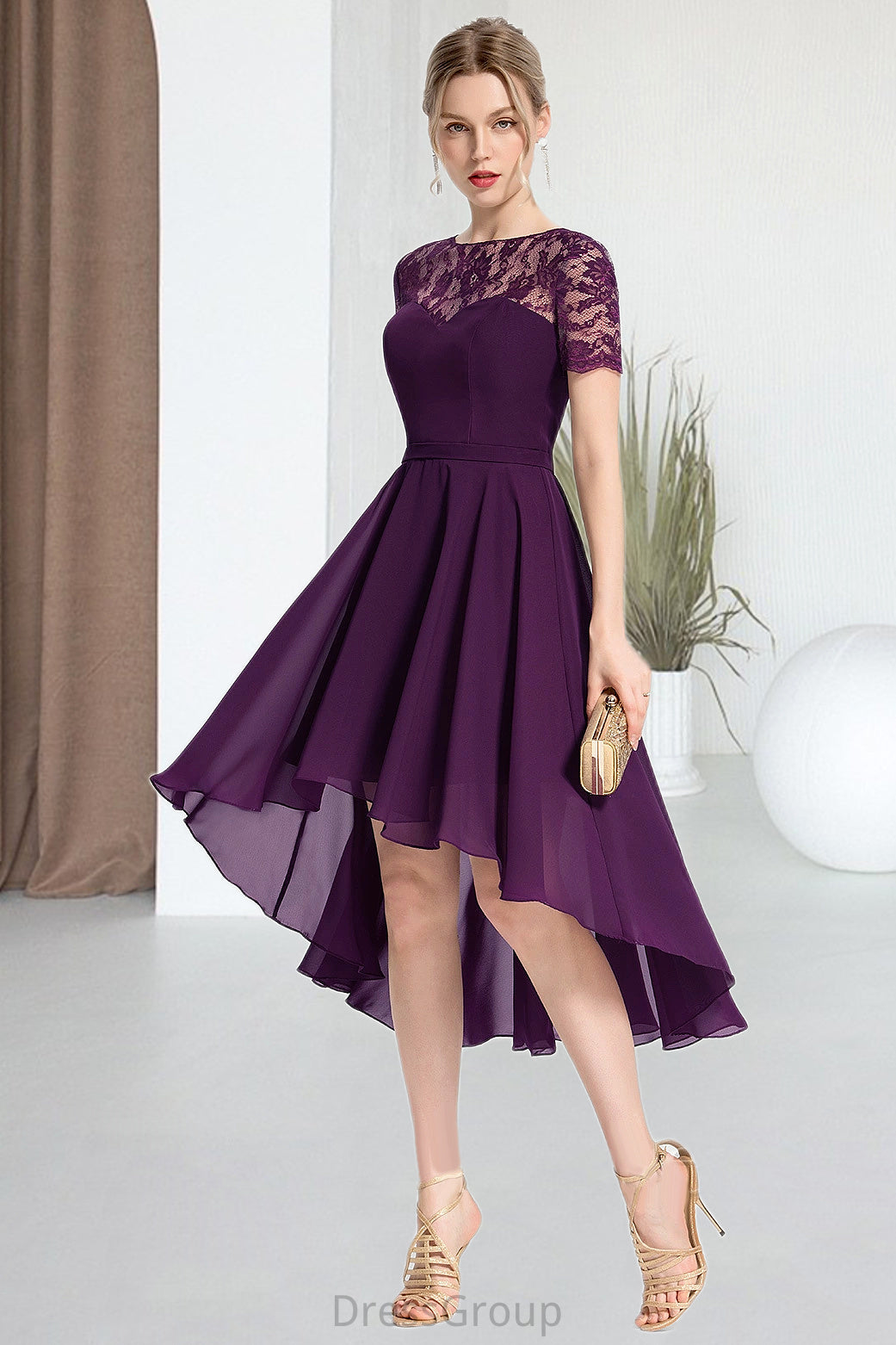 Gabrielle A-line Scoop Asymmetrical Chiffon Lace Homecoming Dress HAP0020587