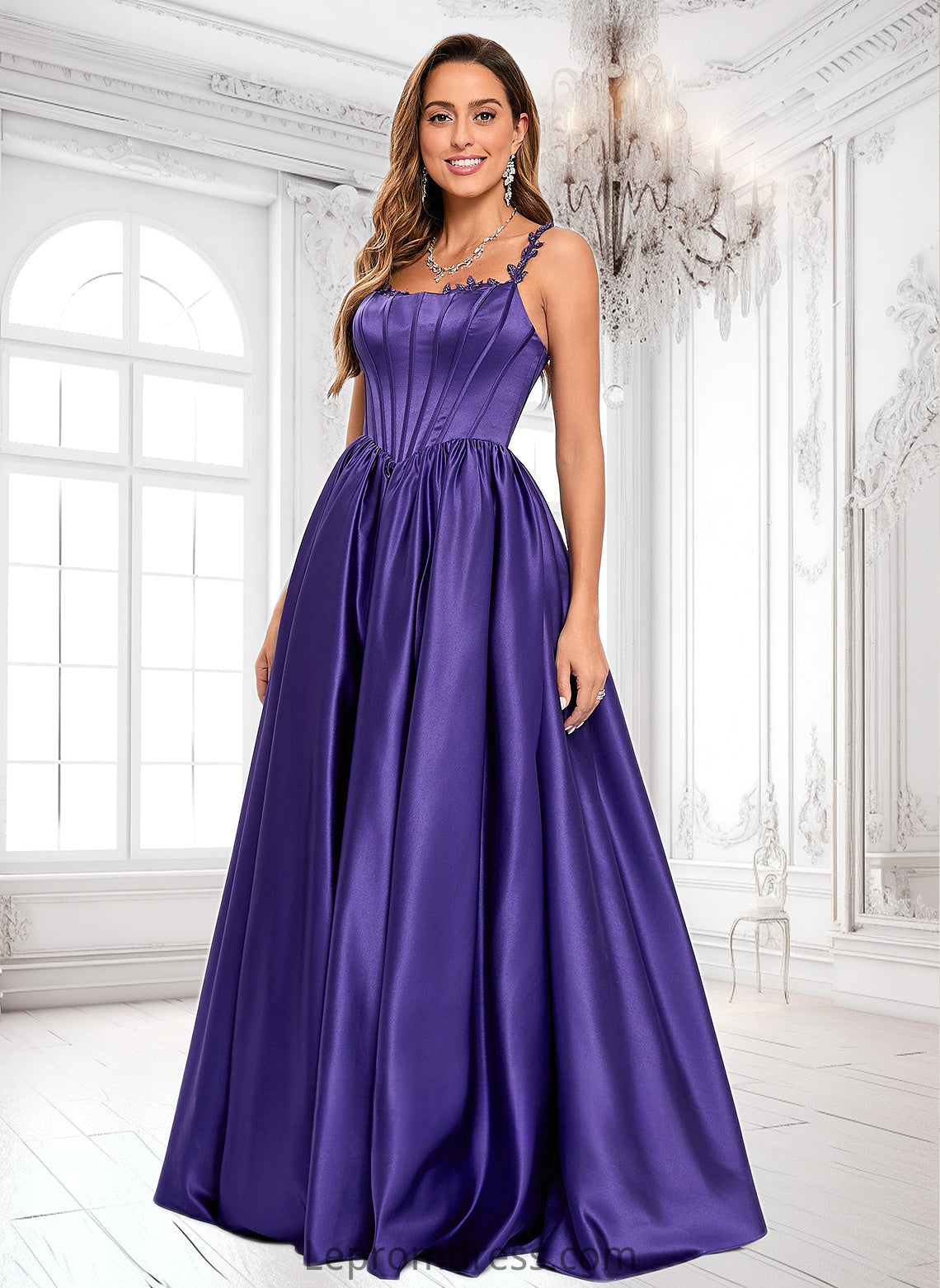 Yazmin Ball-Gown/Princess Scoop Floor-Length Satin Prom Dresses With Appliques Lace Beading HAP0025865