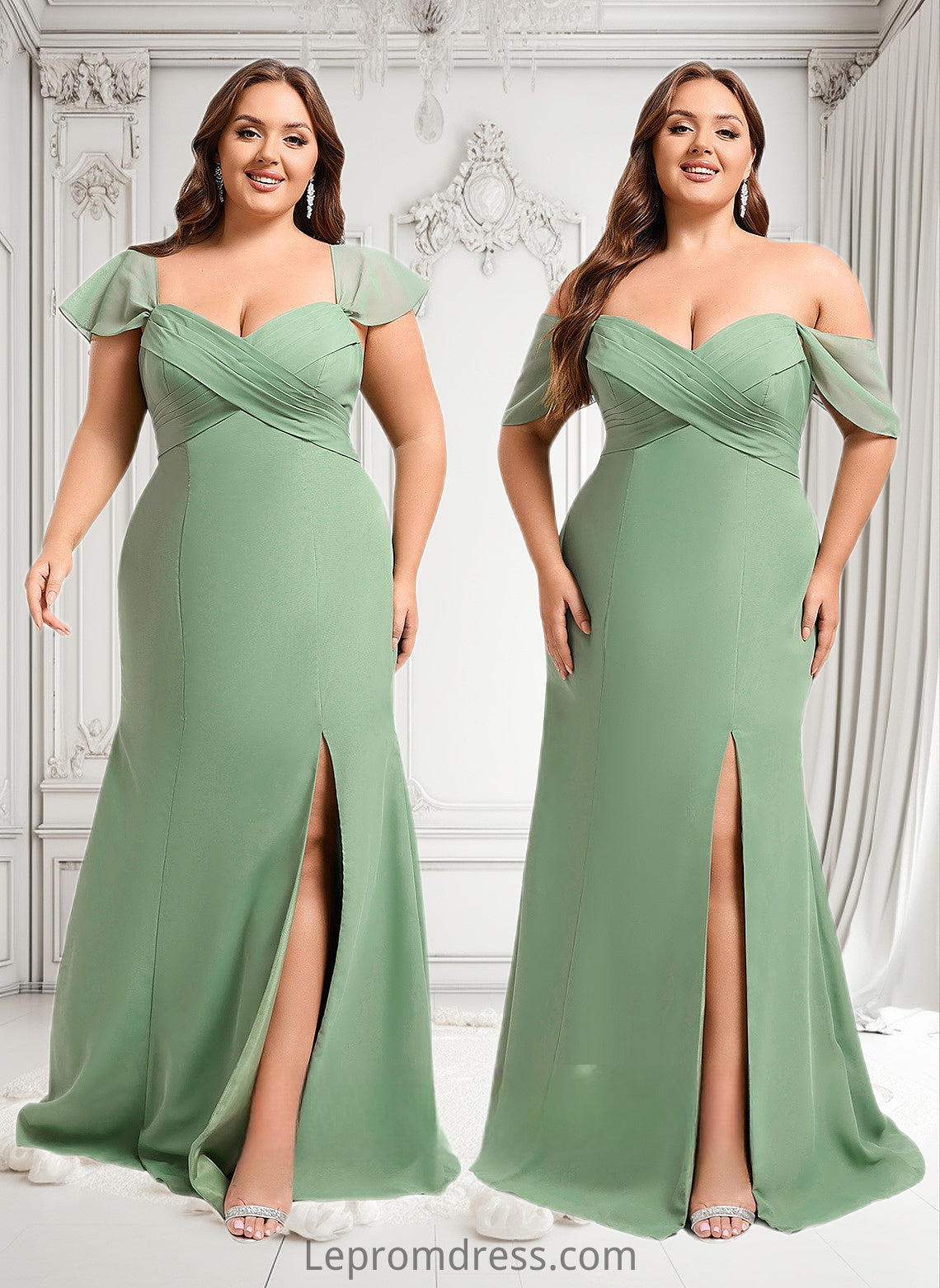 Andrea Trumpet/Mermaid Off the Shoulder V-Neck Floor-Length Chiffon Bridesmaid Dress HAP0025810