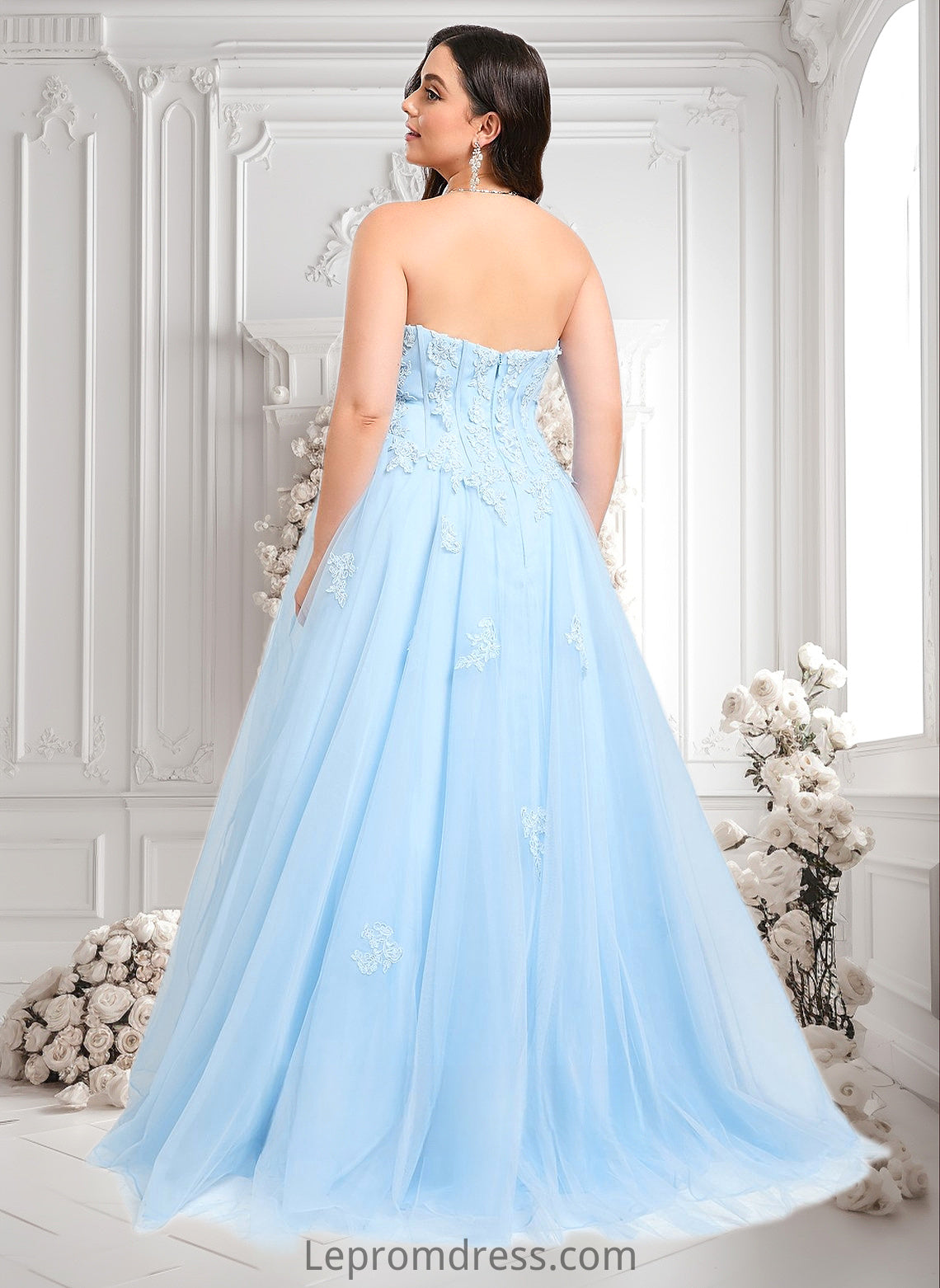 Destiney Ball-Gown/Princess Straight Sweep Train Tulle Prom Dresses With Sequins Appliques Lace HAP0025864