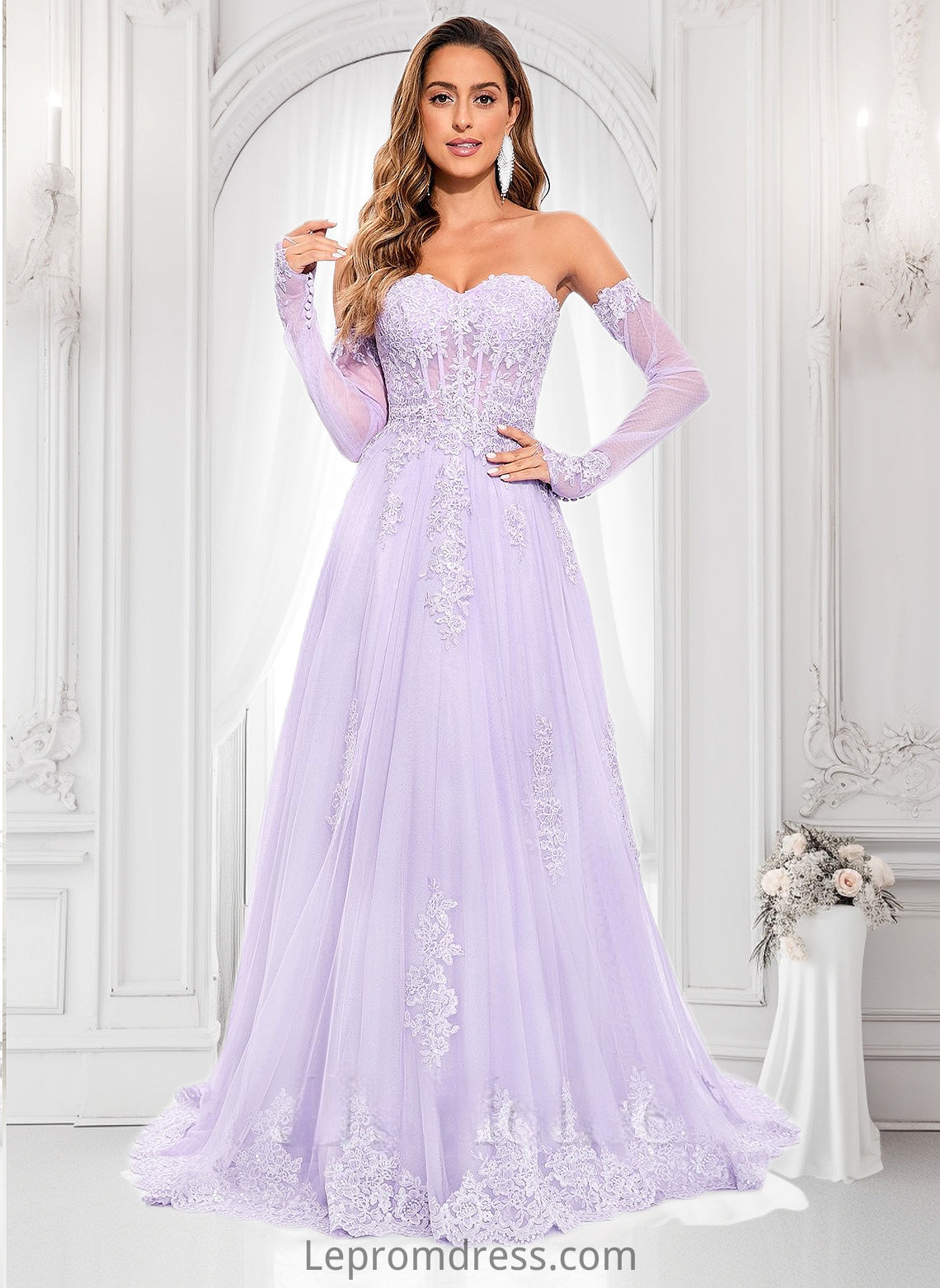 Marin A-line Sweetheart Sweep Train Tulle Prom Dresses With Sequins Appliques Lace HAP0025856