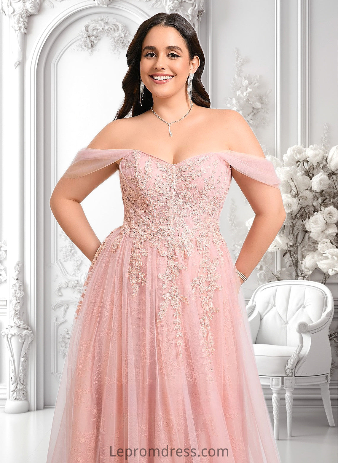 Mila A-line Sweetheart Off the Shoulder Floor-Length Tulle Floral Lace Prom Dresses With Appliques Lace HAP0025870