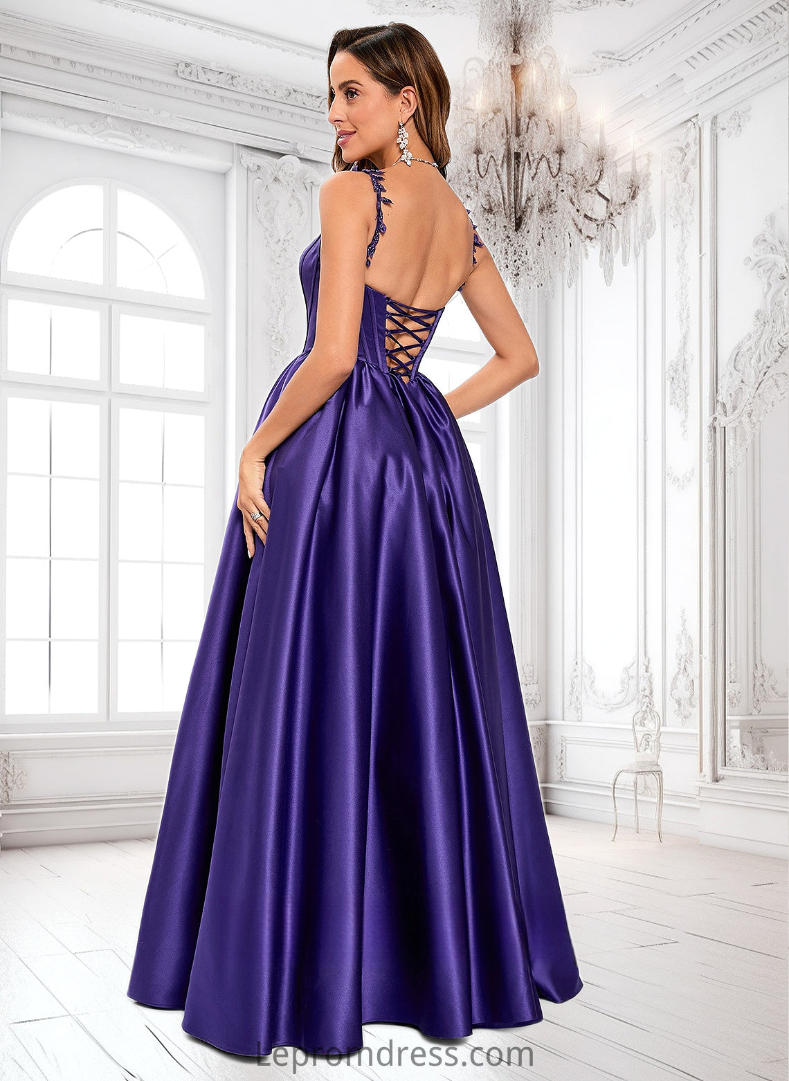 Yazmin Ball-Gown/Princess Scoop Floor-Length Satin Prom Dresses With Appliques Lace Beading HAP0025865