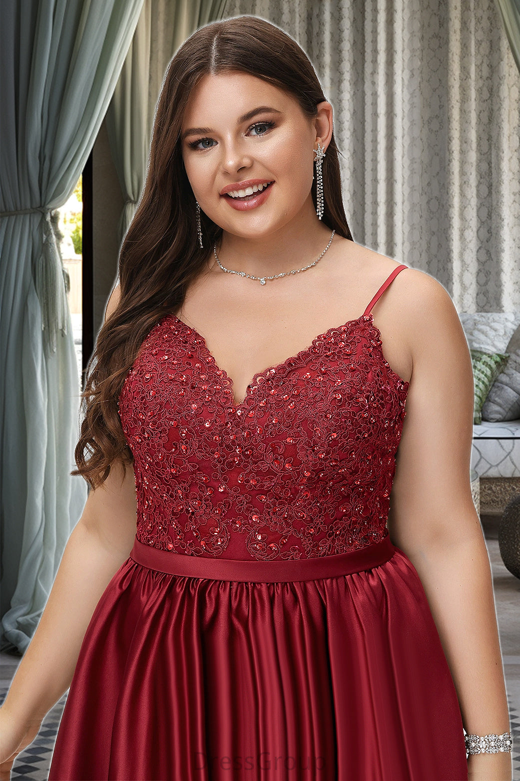 Claudia A-line V-Neck Short/Mini Lace Satin Homecoming Dress With Beading HAP0020554