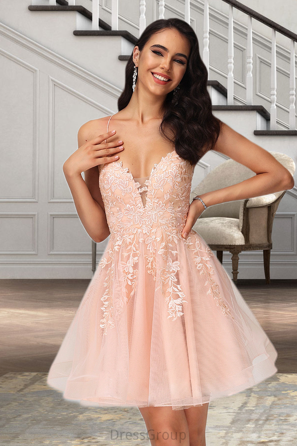 Amirah A-line V-Neck Short/Mini Lace Tulle Homecoming Dress With Sequins HAP0020500